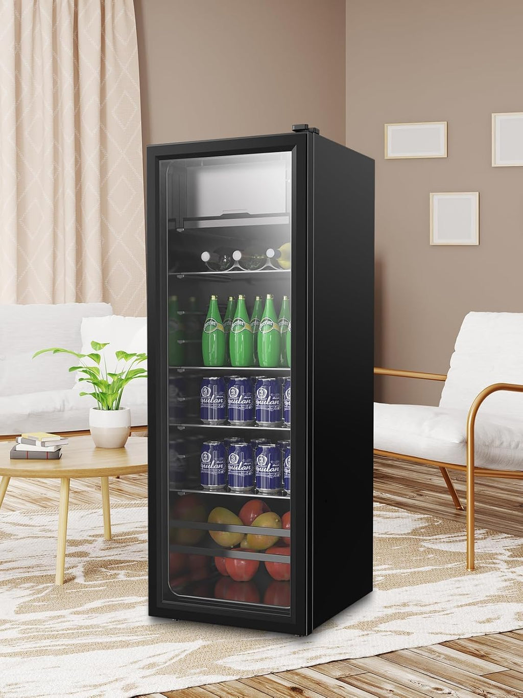 KRIB BLING Beverage Refrigerator with Freezer 180 Can Freestanding Beverage Cooler with Adjustable Shelving Glass Door for Beer Soda or Wine Perfect for Home Office or Bar Black (KB03-FLB-120)