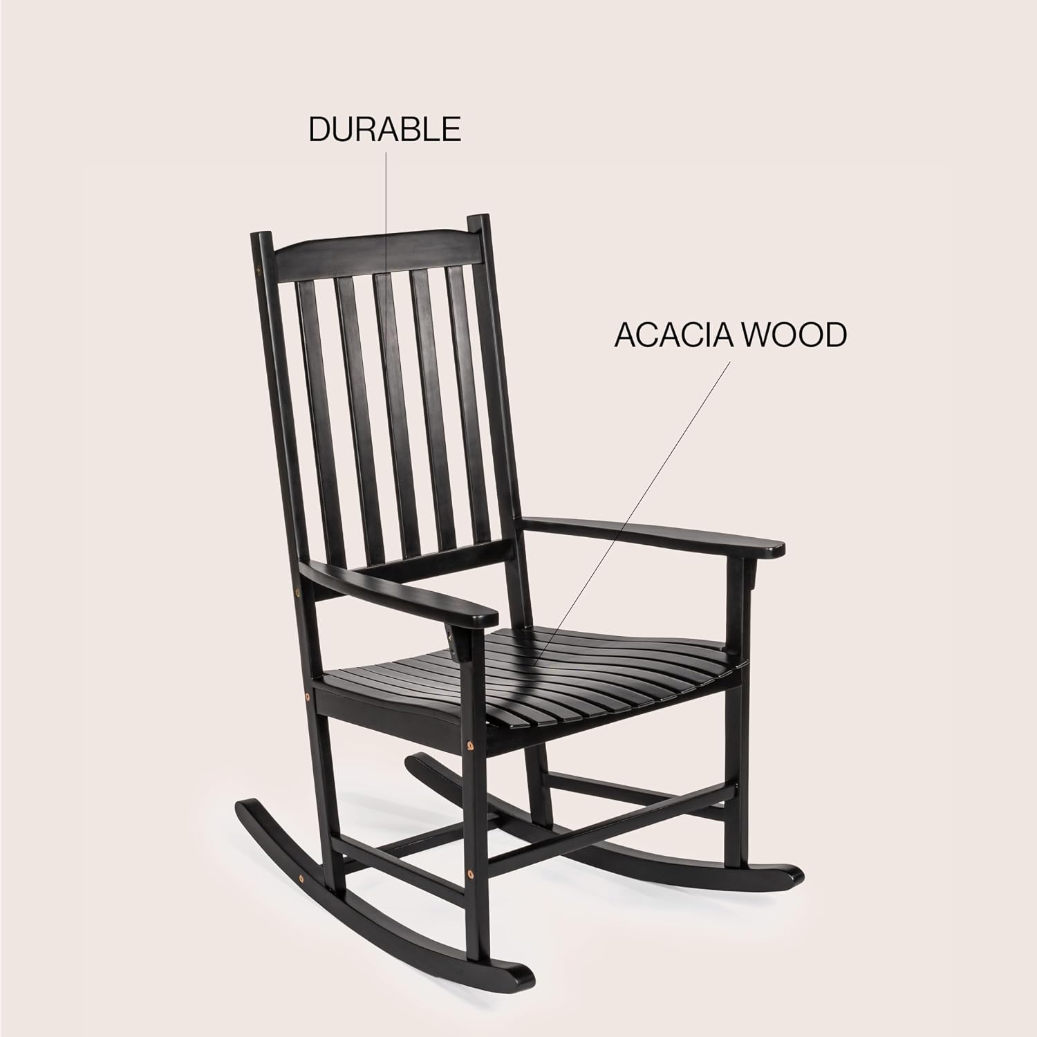 JONATHAN Y RCK300E Seagrove Farmhouse Classic Slat-Back 350-LBS Support Acacia Wood Outdoor Rocking Chair Traditional, Coastal, Cottage, Vintage, Shabby Chic, Black