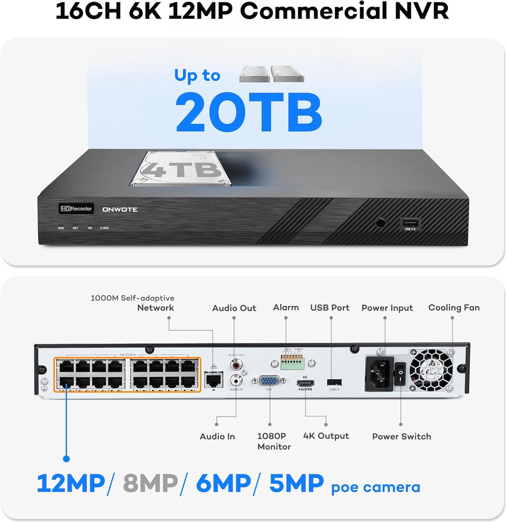 ONWOTE 16 Channel 4K PoE Security Camera System, Face Recognition & AcuSearch, AI Detection, 12MP 16CH Commercial NVR 4TB, 16x 8MP 134° IP Cameras with Audio, Total 1280ft Cables, CCTV for Business