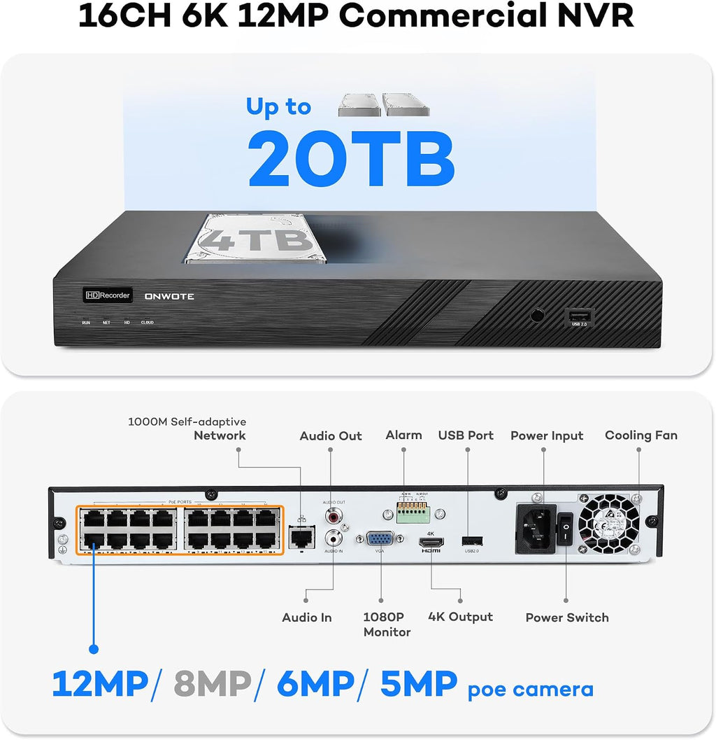 ONWOTE 12MP NVR 16 Channel Security Camera System, 8X 4K 8MP Vandal Proof Audio PoE IP Cameras, Smart Color Night, 16CH Commercial NVR 4TB, 8X Cables (Total 480ft), Wired Outdoor CCTV for Businesses