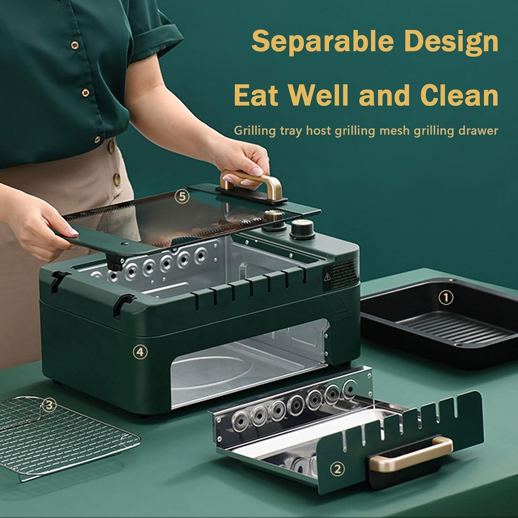Electric Smokeless Portable BBQ Barbecue Grill Indoor Cooking Grill with Water Filled Drip Tray & Adjustable Temperature Control, Double Layer, Safe BBQ Griddle for Indoor, 3-6 Persons, 1000W
