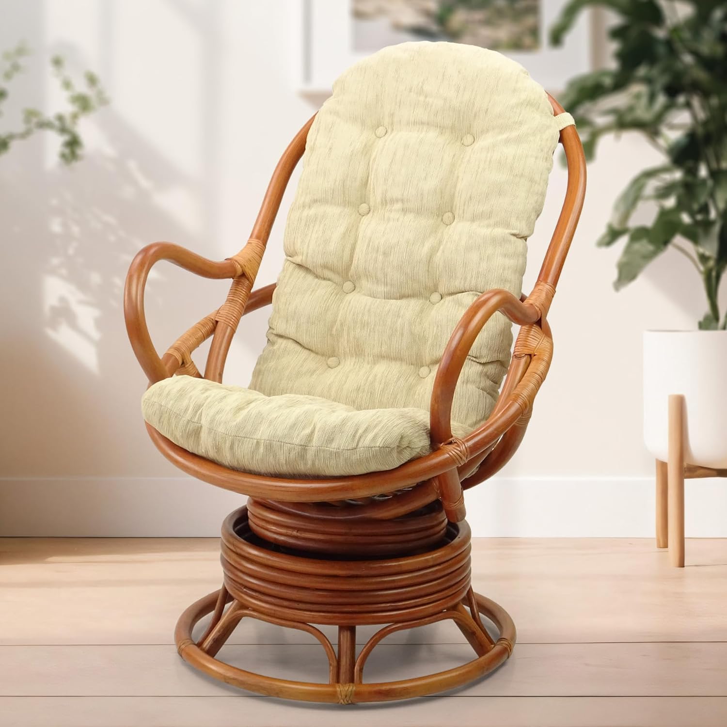 Java Lounge Swivel Rocking Chair with Cream Cushion Natural Rattan Wicker Handmade, Colonial Color