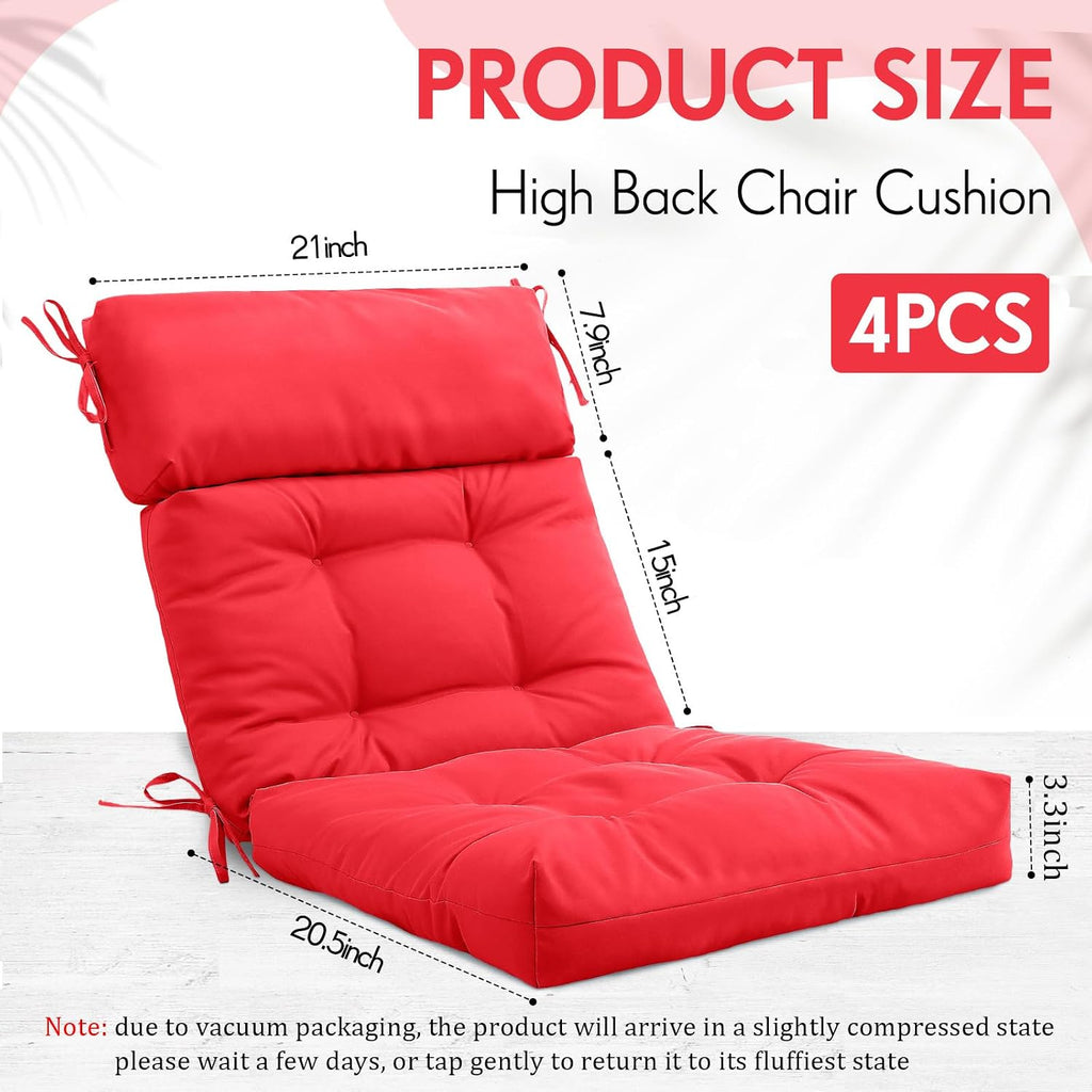 Barydat 4 Pack High Back Chair Cushion Indoor Outdoor Tufted Seat and Back Chair Rocking Pads Lounge Porch Seat Cushion with Ties for Patio Furniture, 43.4 x 21 x 3.3 Inch (Red)