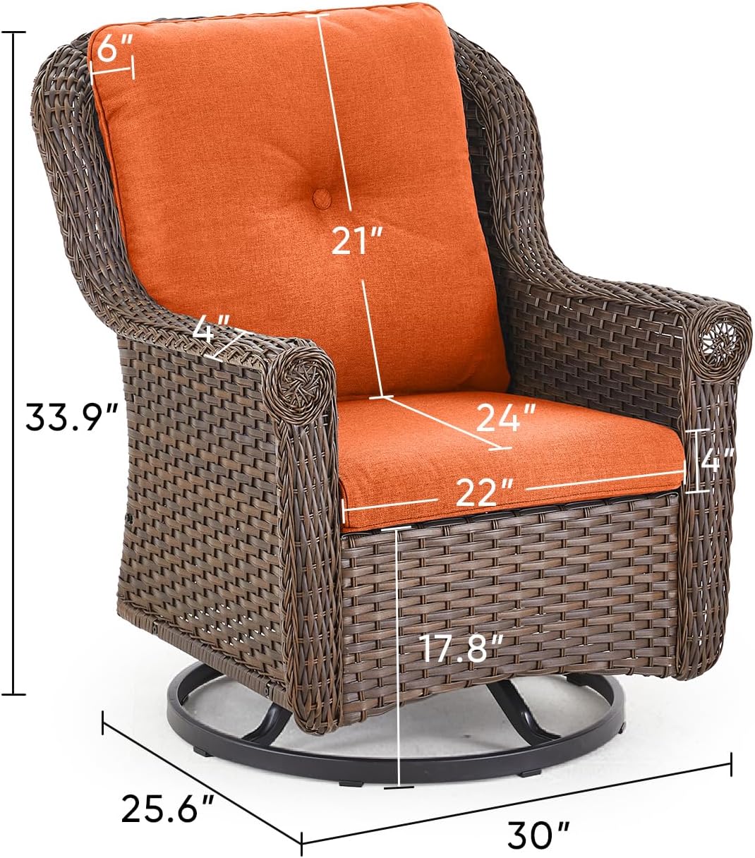 Patio Chairs Outdoor Swivel Glider - Set of 4 High Back Outside Brown Wicker Rattan Rocking Chair with Thick Cushion for Porch Apartment Deck Yard Poolside Garden - Orange