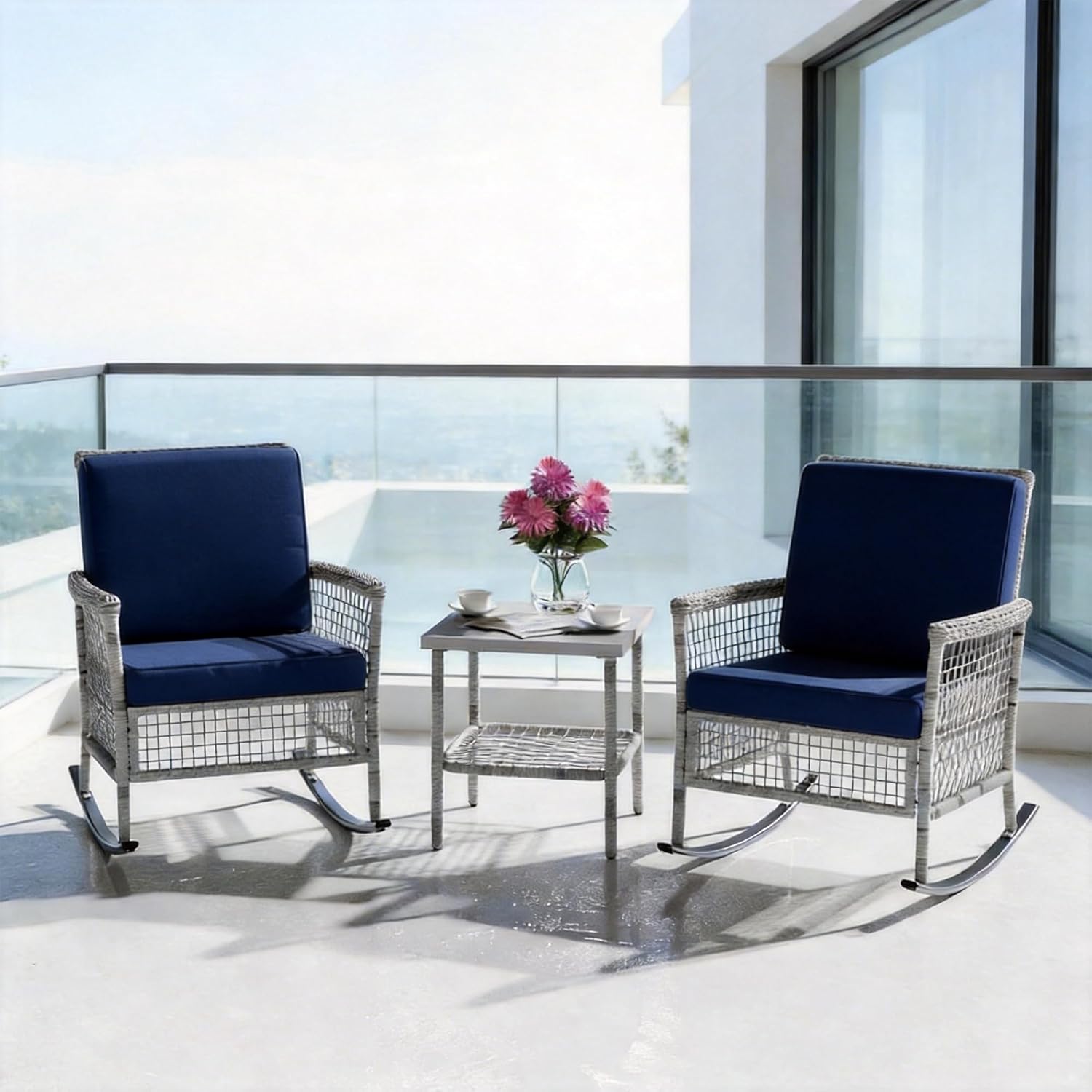 DECMICO 3-Piece Wicker Rocking Chair Set, Patio Bistro Furniture with Cushions & Side Table, Rattan Outdoor Conversation Bistro Set for Outdoor Use, Gray Rattan Navy Cushion