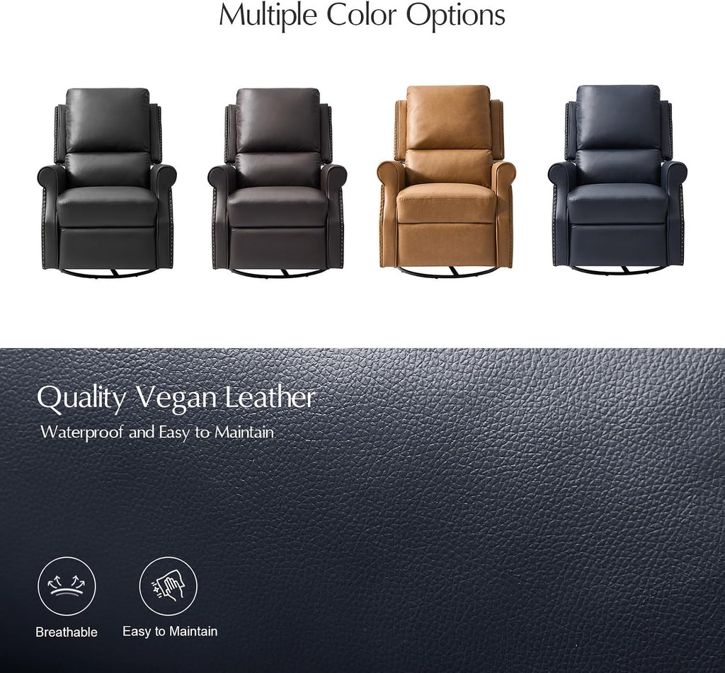 HULALA HOME Faux Leather Swivel Rocker Recliners Set of 2 with Adjustable Backrest and Footrest, Push Back Recliner Chairs with Nailhead Trim, Swivel Glider Rocking Chairs for Living Room, Navy