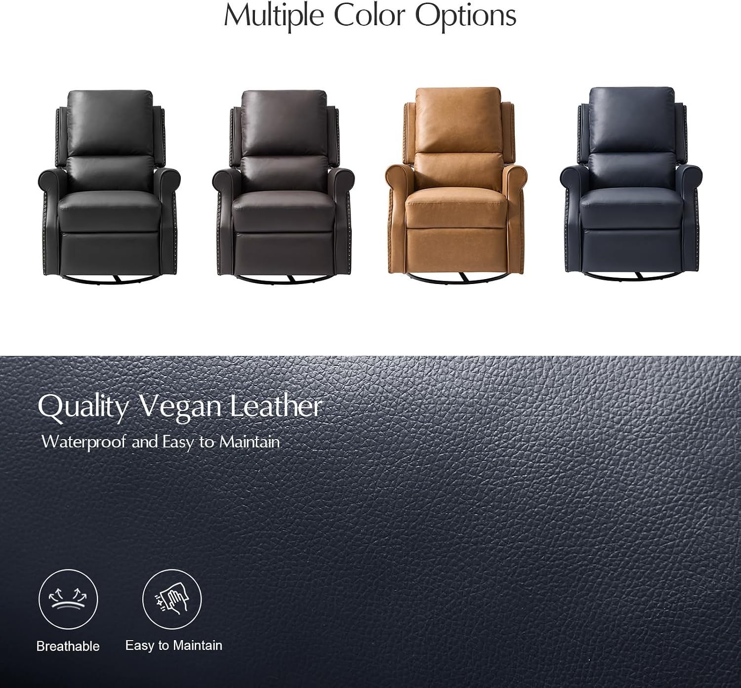 HULALA HOME Faux Leather Swivel Rocker Recliners Set of 2 with Adjustable Backrest and Footrest, Push Back Recliner Chairs with Nailhead Trim, Swivel Glider Rocking Chairs for Living Room, Navy