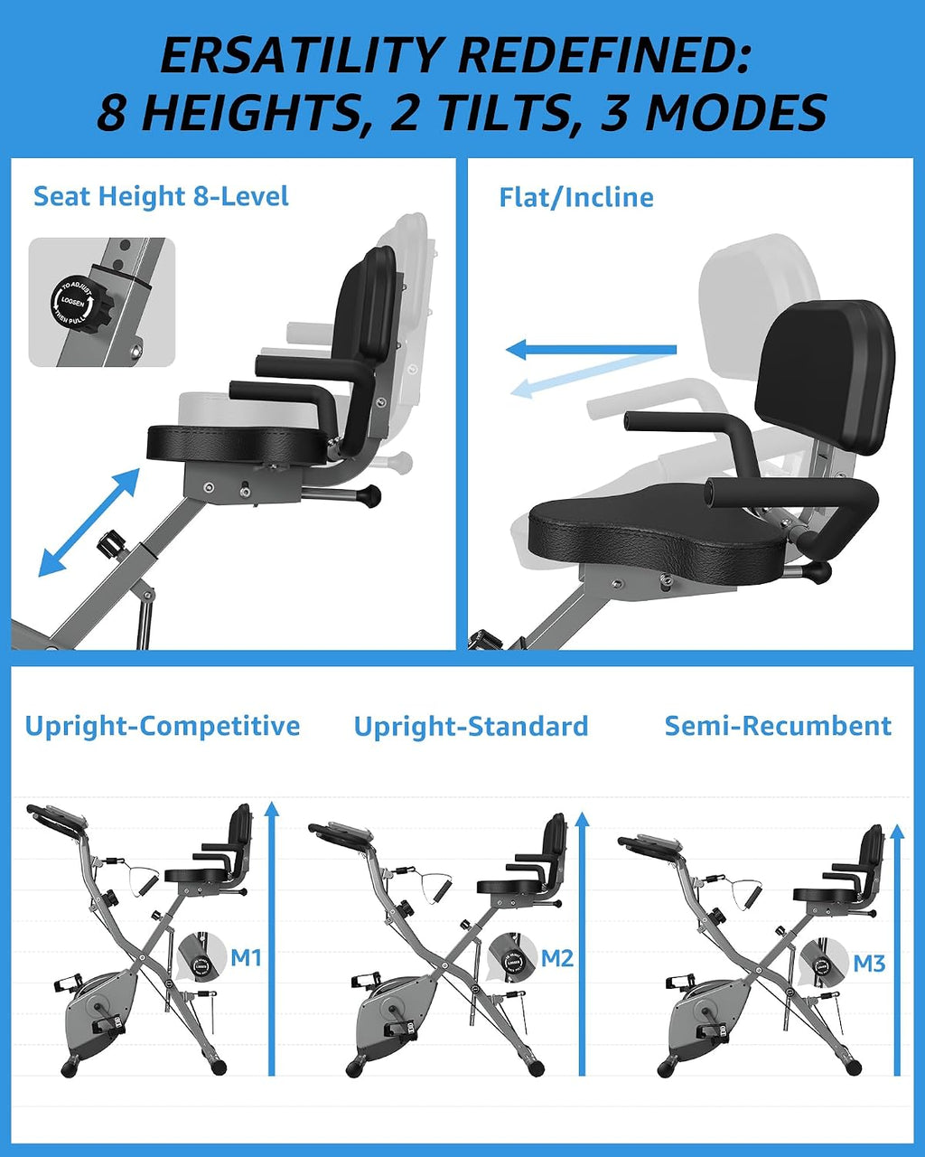 USLIM Foldable Exercise Bike Stationary Bikes for Home, 5 IN 1 Indoor Workout Bike, Cycling Bike with 16-Level Quiet Magnetic Resistance, 6.6 LBS Flywheel and 300LBS Capacity for Senior and Home Workout