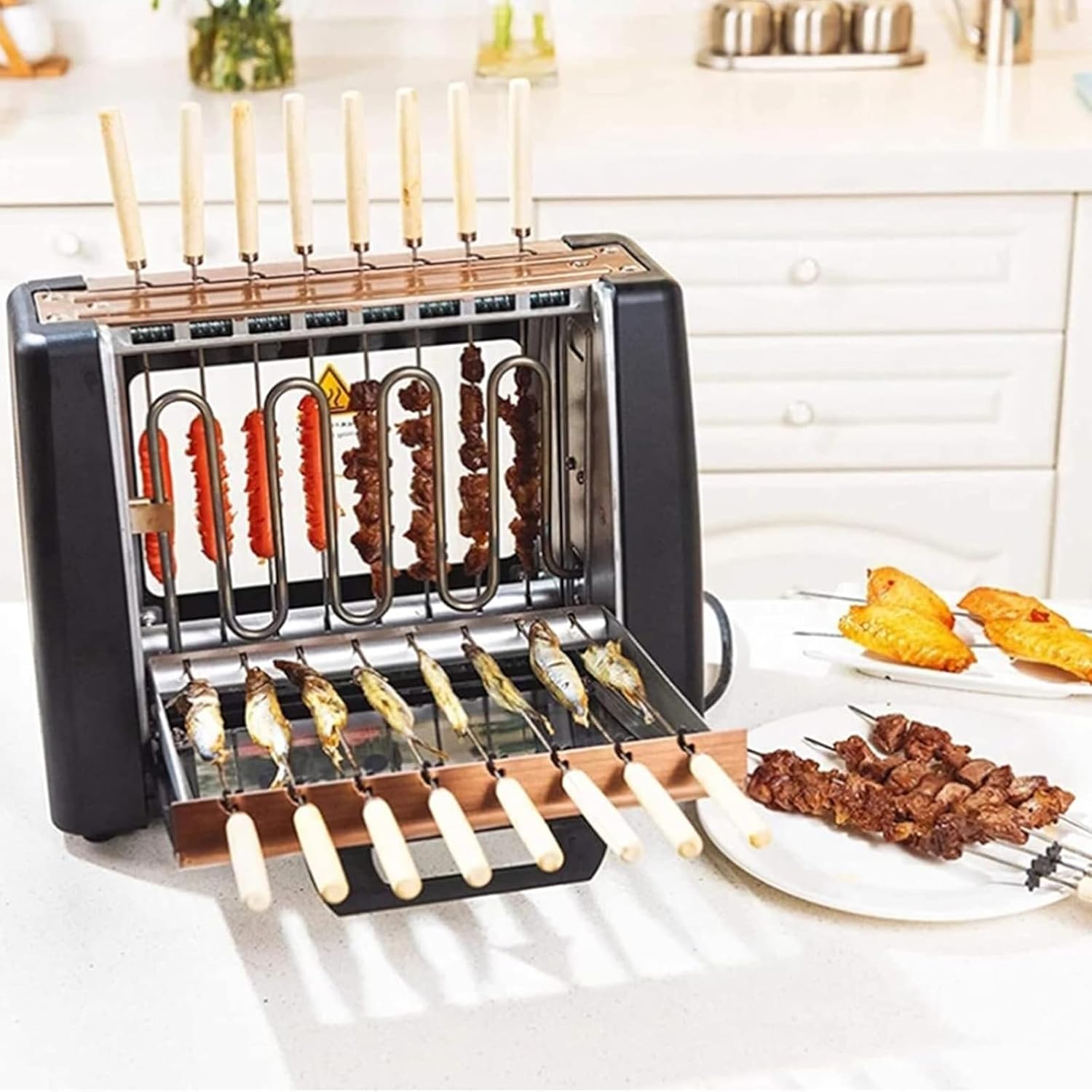 Electric Barbecue Grill, 360 ° Automatic Rotating Lamb Skewers Vertical Grill with 2 Grease Brush, 2 Stage Temperature Control and 360° Automatic Rotation for Party