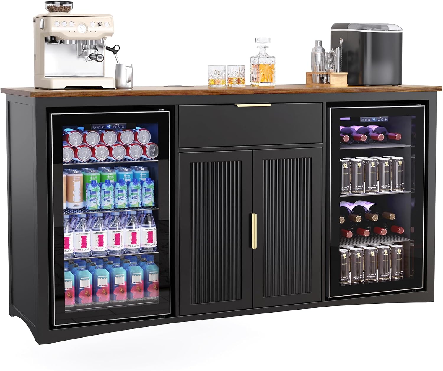 GDLF 70.1' Long Coffee Bar Cabinet with Fridge Space, Modern Wine Liquor Cabinet with Storage & Power Outlet, Buffet Sideboard with Fluted Doors for Home, Black