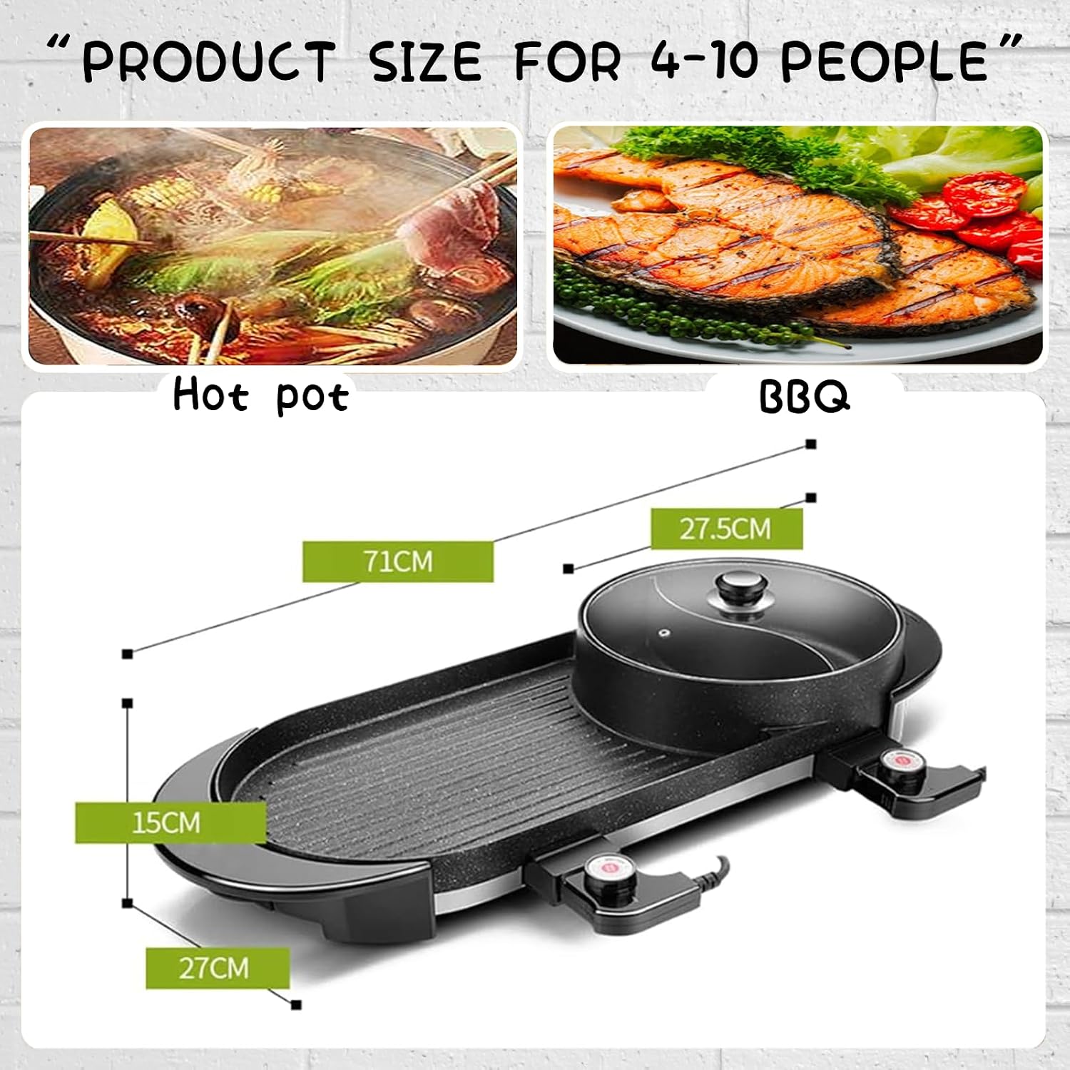 Large Household Electric Hot Pot with Grill, Soup Pot and Korean BBQ, Non-stick Coating, Easy to Clean, For 4-10 People to Enjoy, 2700 W