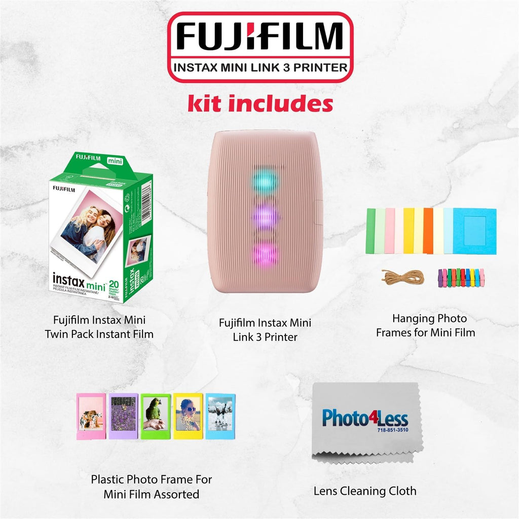 FUJIFILM INSTAX Mini Link 3 Smartphone Printer Bundle with Fujifilm Instax Mini Film (20 Sheets), Hanging Photo Frames, Table top Photo Frame for Mini Film (Rose Pink)