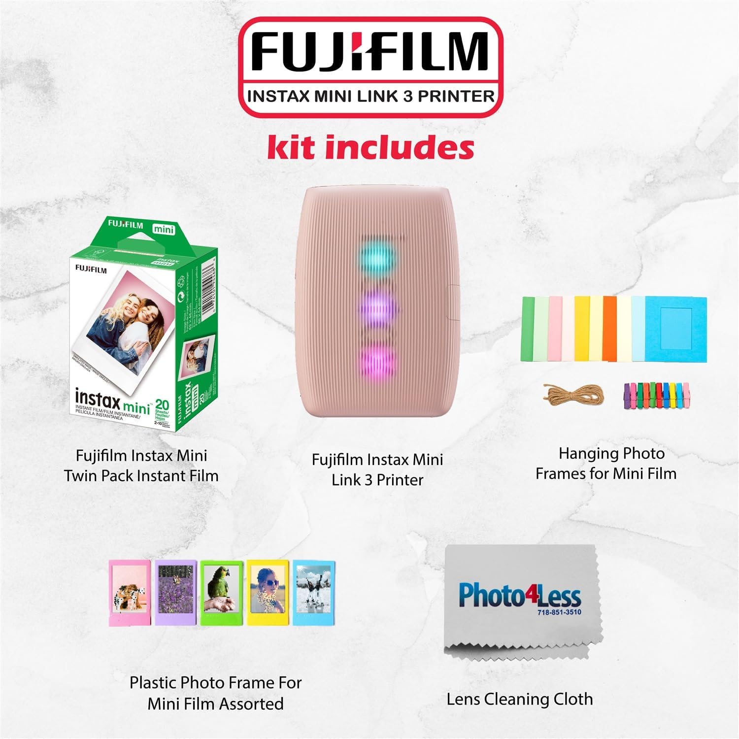 FUJIFILM INSTAX Mini Link 3 Smartphone Printer Bundle with Fujifilm Instax Mini Film (20 Sheets), Hanging Photo Frames, Table top Photo Frame for Mini Film (Rose Pink)