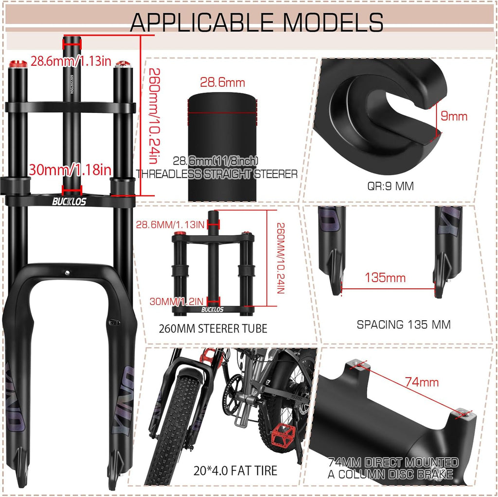 BUCKLOS 20 inch 4.0 Fat Tire E-Bike Air Suspension Fork, 180mm Travel Spacing Hub 135mm Straight Tube MTB Manual Lockout 9mm QR Mountain Bike Double Shoulder Electric Bicycle Front Forks Snow Beach