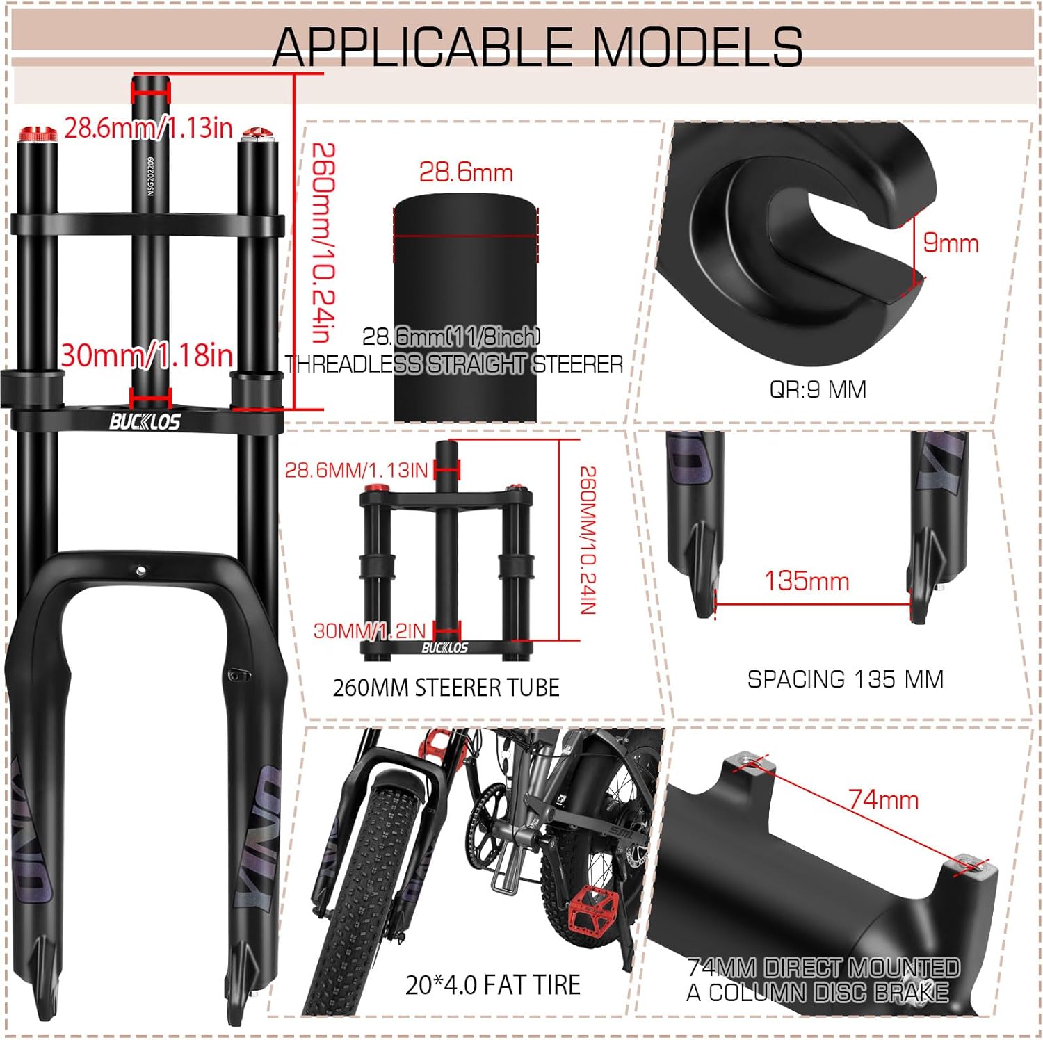 BUCKLOS 20 inch 4.0 Fat Tire E-Bike Air Suspension Fork, 180mm Travel Spacing Hub 135mm Straight Tube MTB Manual Lockout 9mm QR Mountain Bike Double Shoulder Electric Bicycle Front Forks Snow Beach