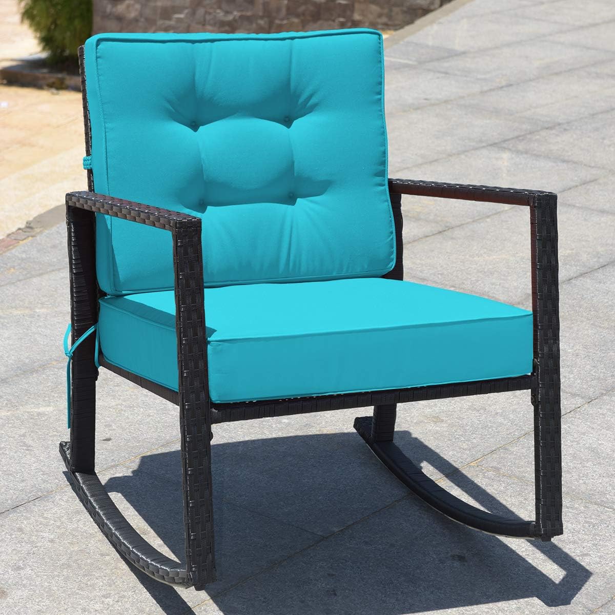 HAPPYGRILL Wicker Rocking Chair, Outdoor Patio Glider Chair with Heavy-Duty Frame, Thick Cushion, Rattan Rocking Chair for Backyard Garden Porch