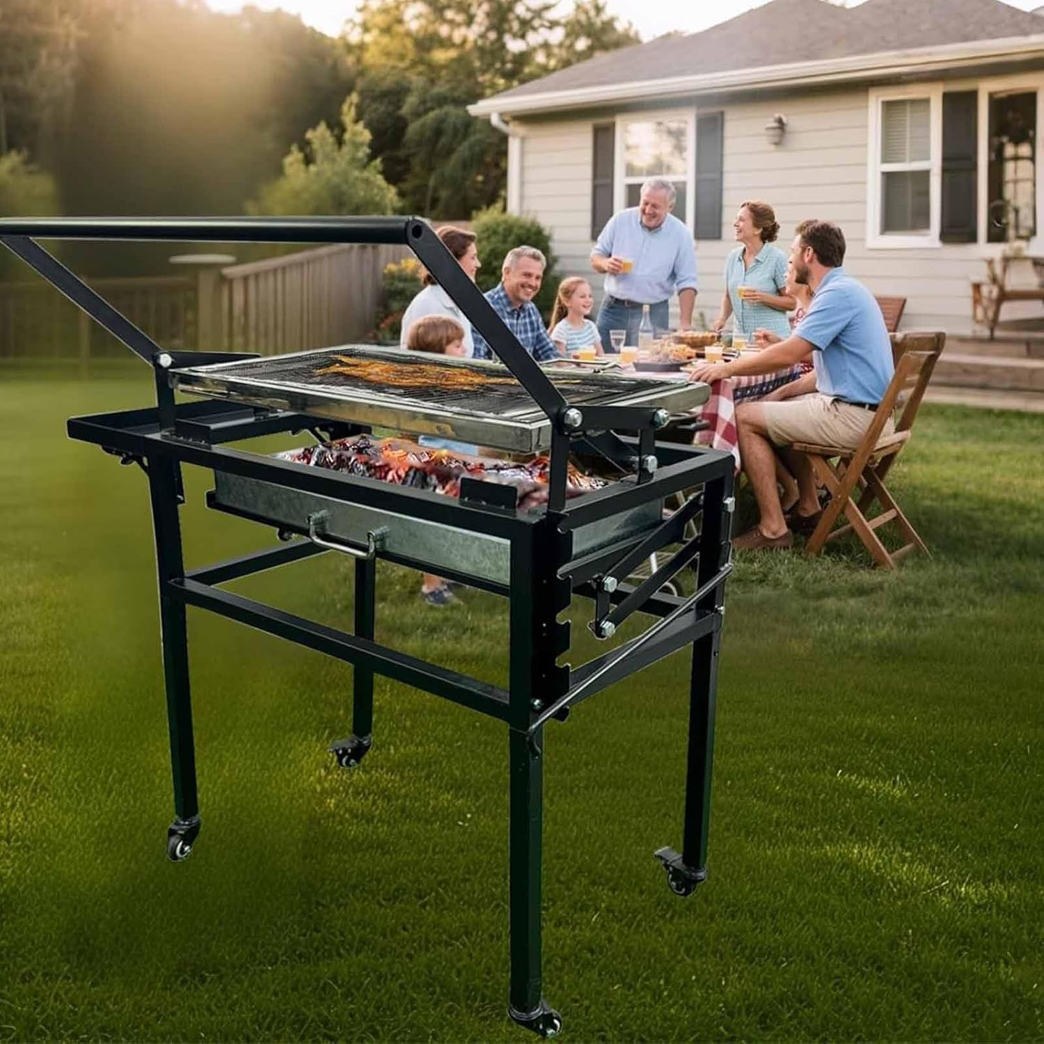 Portable Charcoal Grill,Rotating Barbecue Grill w/Wheels,Stainless Steel Cooking Grids,Adjustable Charcoal Tray,for Camping,Patio & Backyard Parties
