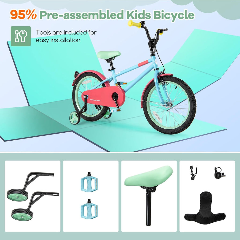 BABY JOY Colorful Macarons Kids Bike, 12 14 16 18 Inch Sporty Children's Bicycle with Training Wheels, Adjustable Handlebar & Saddle, Handbrake & Coaster Brake, Boys Girls Bike for 3-8 Years Old