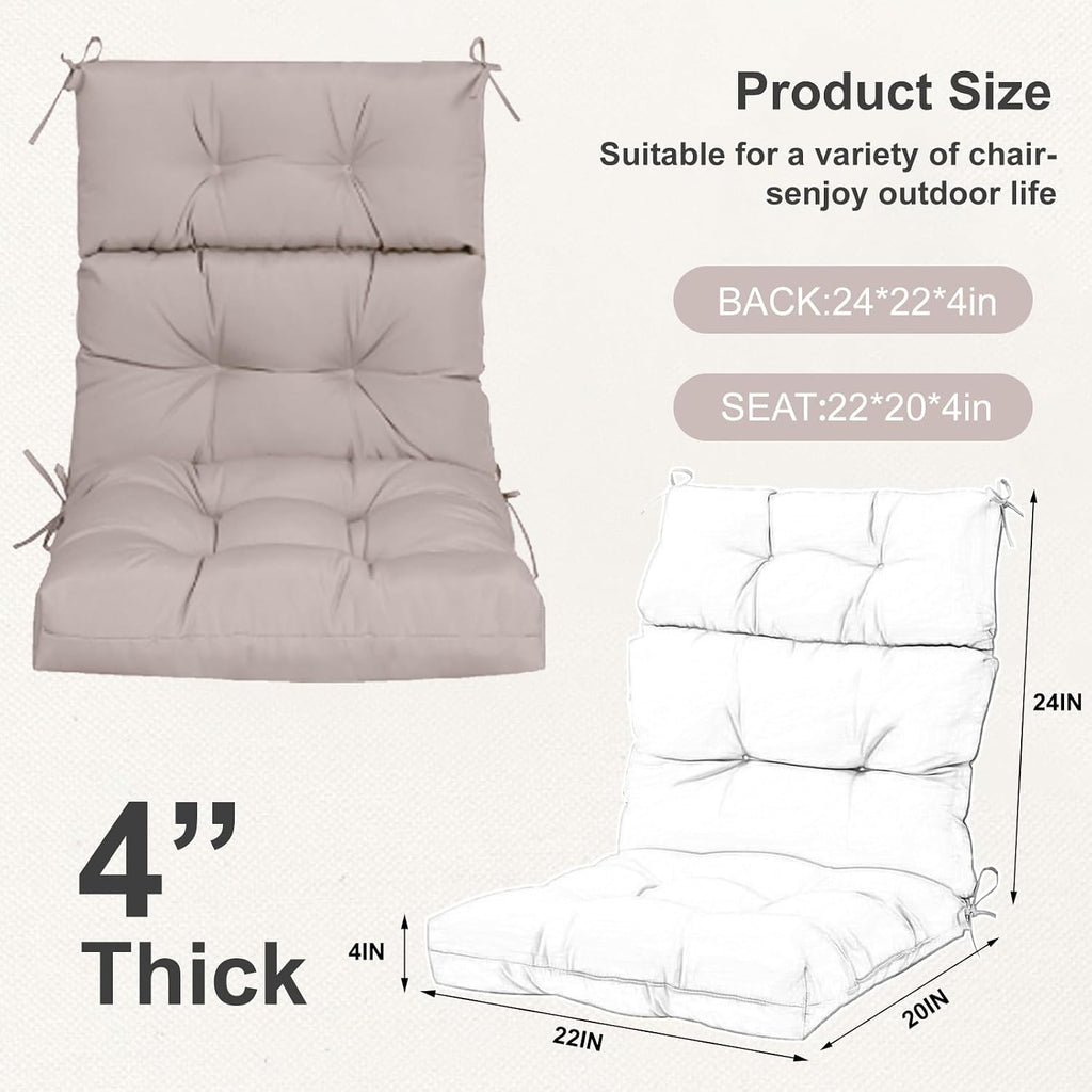 Outdoor High Back Chair Cushions 2-Pack, 44'x22'x 4' Fade-Resistant Waterproof Tufted Pads with Ties for Patio Rocking & Adirondack Chairs (Khaki)