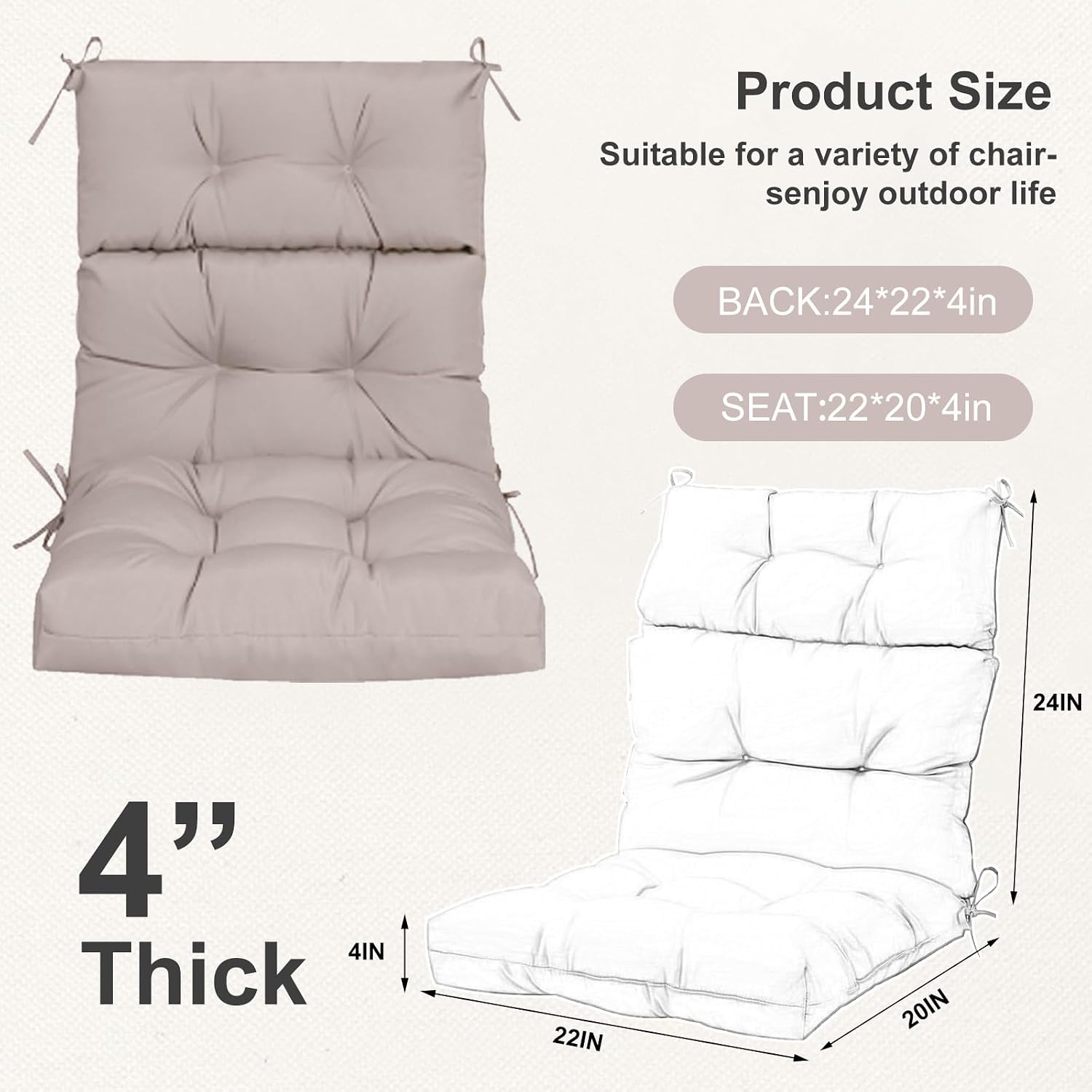 Outdoor High Back Chair Cushions 2-Pack, 44'x22'x 4' Fade-Resistant Waterproof Tufted Pads with Ties for Patio Rocking & Adirondack Chairs (Khaki)