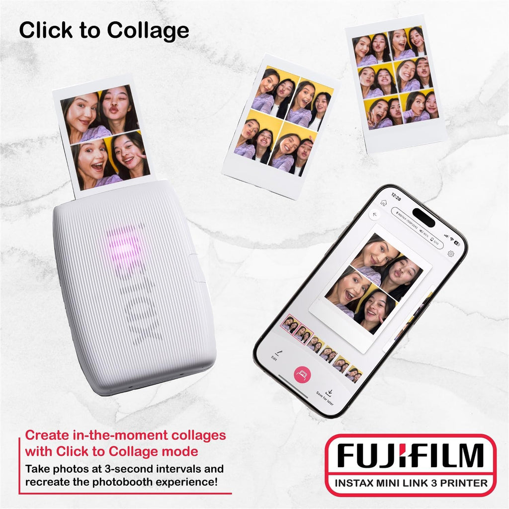 FUJIFILM INSTAX Mini Link 3 Smartphone Printer Bundle with Fujifilm Instax Mini Film (20 Sheets), Hanging Photo Frames, Table top Photo Frame for Mini Film (Clay White)