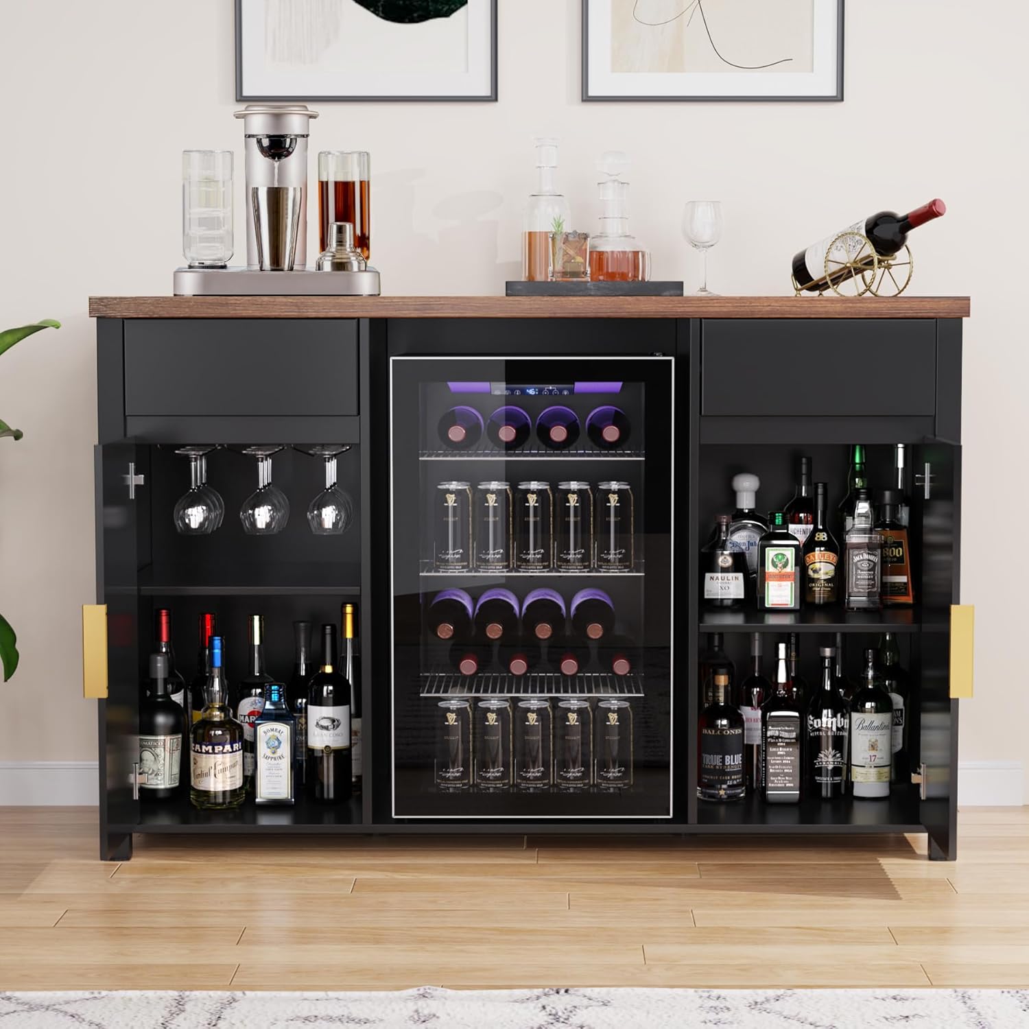 GDLF Large Coffee Bar Cabinet with Fridge Space, Mini Fridge Cabinet with Wine Storage, Buffet Sideboard Table for Home, Fluted Modern Design,53.2' L