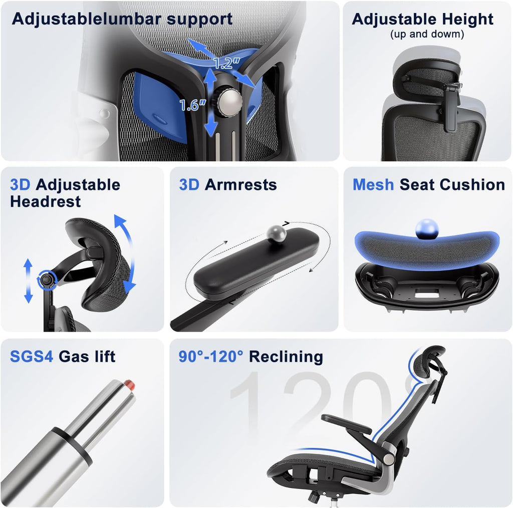 marrap Ergonomic Office Chair, Mesh Seat Cushion with 3D Armrests and 3D Headrest, Adjustable Lumbar Support with 90-120° Rocking Function for Home Office, Black