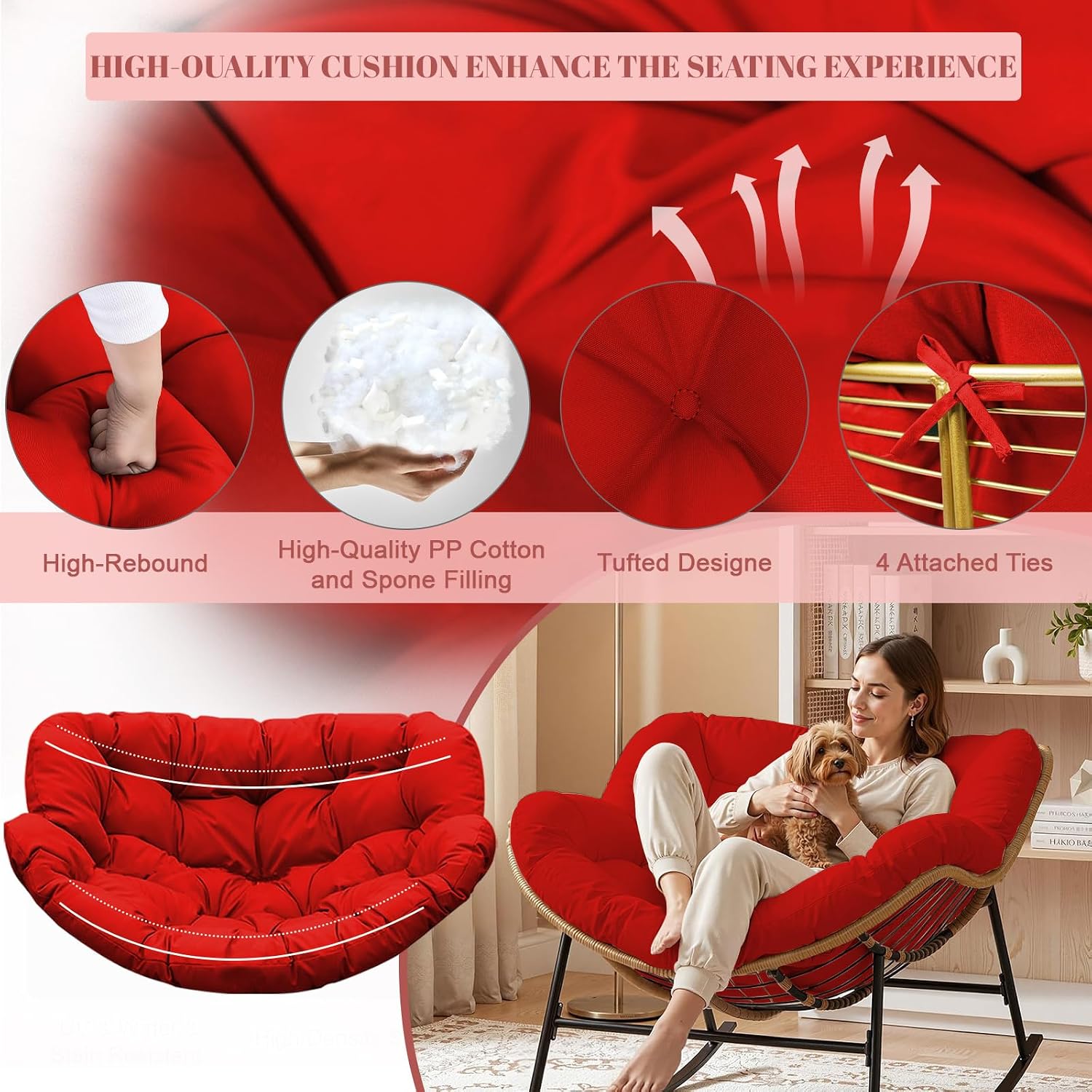 Thickened Waterproof Papasan Rocking Chair Cushion, 6.3'' Patio Egg Chair Pad with Ties, Outdoor/Indoor Rattan Hammock Cushions for Porch, Garden, Balcony(Only Cushion no Chair) (Red)