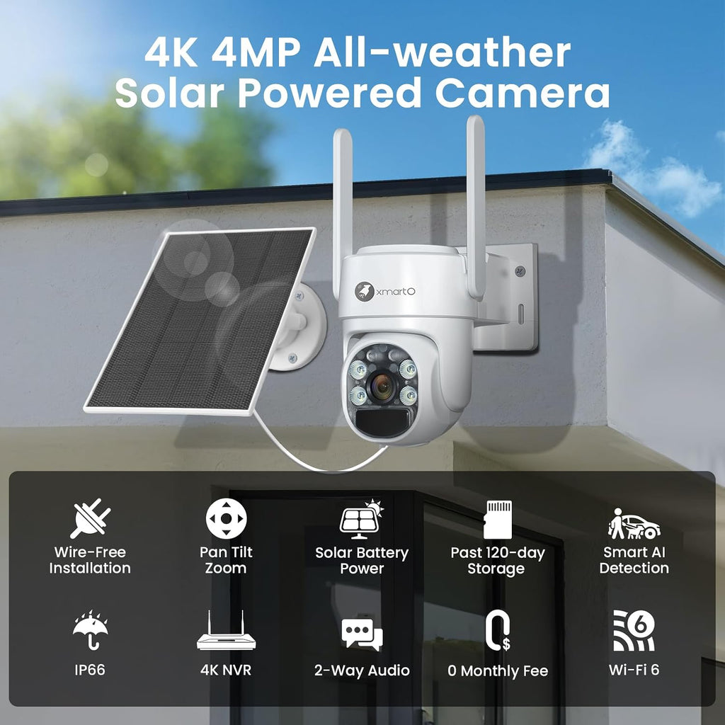 xmartO Wire-Free Solar PTZ AI Tracking Security Camera System, 4-Cam Kit, 4MP 2K QHD + 4K 10CH Expandable WiFi NVR, 120-Day+ Local Video Storage, All-Weather Solar Charging