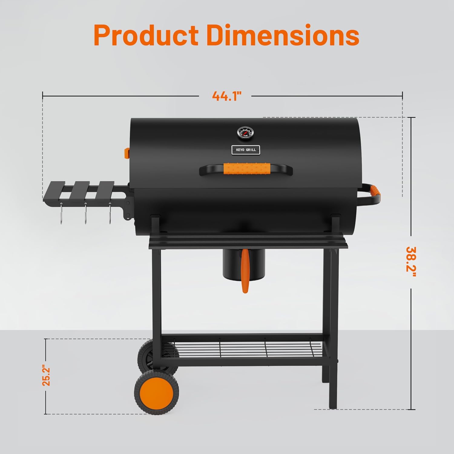KEYO GRILL 29-Inch Barrel Charcoal Grill, Heavy duty BBQ Grill with Adjustable Air Vent, One Click Cleaning System Barbecue Smoker Grill Combo for Backyard, Camping and Tailgate