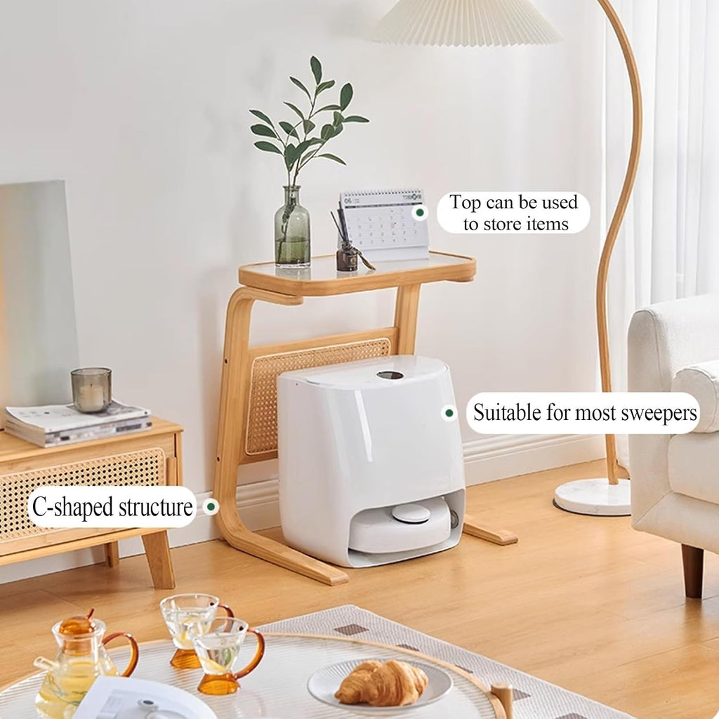 C Shaped Side Table with Storage for Self Emptying Robot Vacuum Cleaner, Small Storage Cabinet Robot Vacuum Stand Cabinet for Living Room Home Office Kitchen
