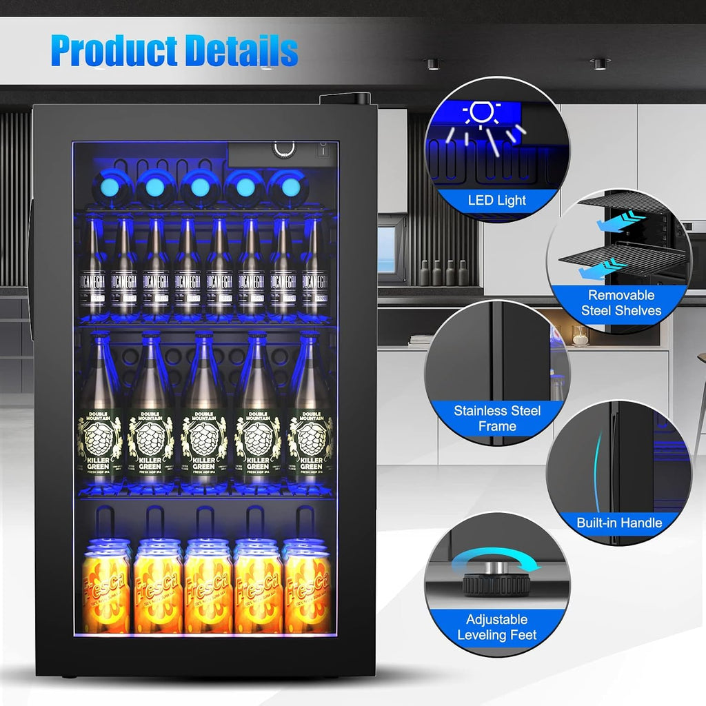 COSTWAY 120 Can Mini Beverage Fridge, Freestanding Beverage Refrigerator Cooler with Glass door, Removable Shelves for Soda Beer Wine, Small Drink Bar Fridge for Home Living Bedroom, 3.2 Cu.Ft
