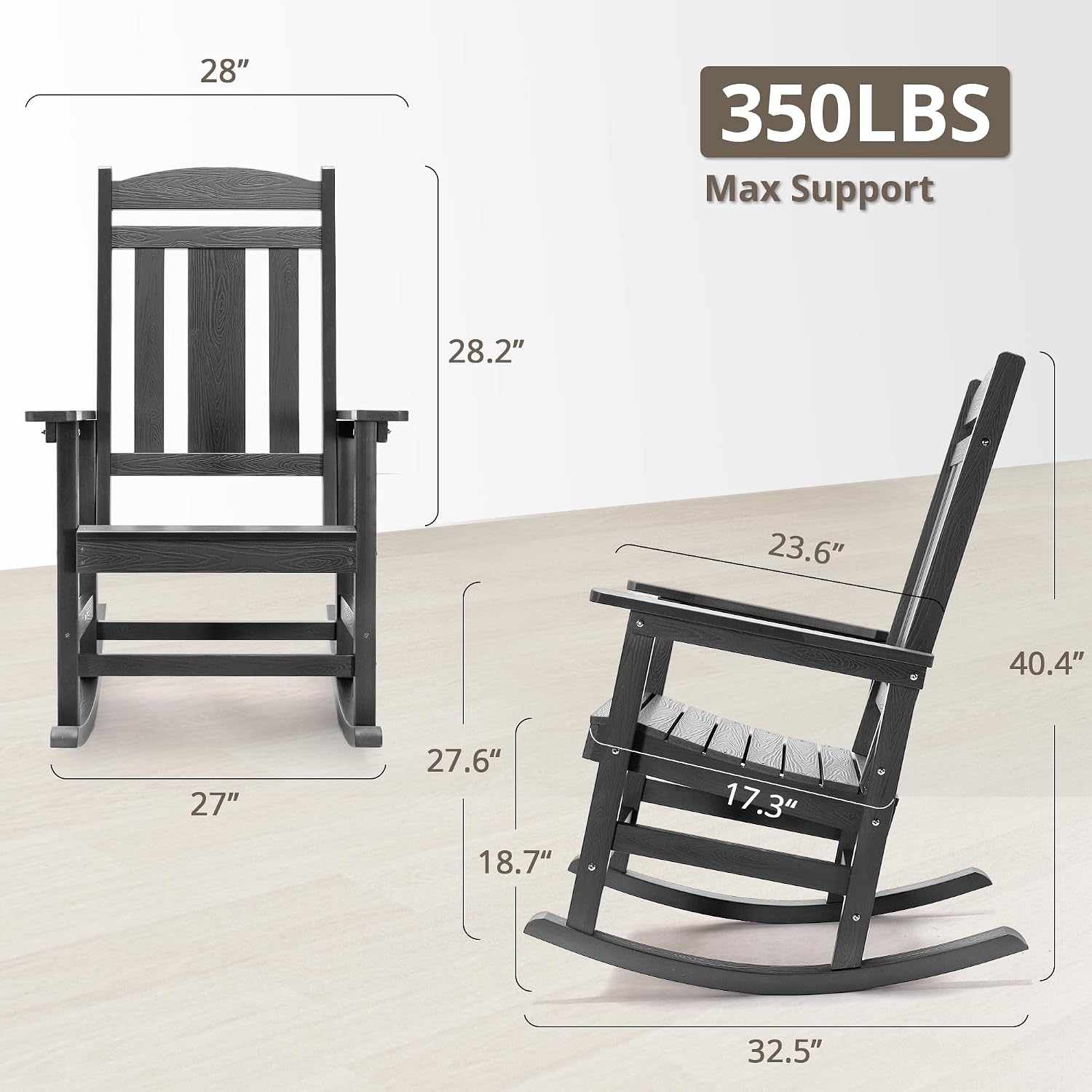 LUE BONA Outdoor Rocking Chairs Set of 2, Weather Resistant HDPS Poly Rocker Chairs, 350lb Heavy Duty, Oversized Porch Rocker for Adult, High Back Smooth Rocking Chairs for Outdoor & Indoor, Gray