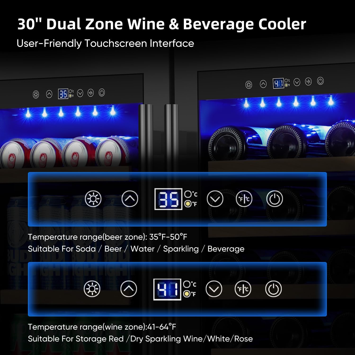 ORYMUSE 30 Inch Dual Zone Wine & Beverage Refrigerator, Built-In or Freestanding Wine Fridge with Seamless Black Stainless Steel Door, Glass Door, Digital Touch Control, Holds 30 Bottles & 110 Cans