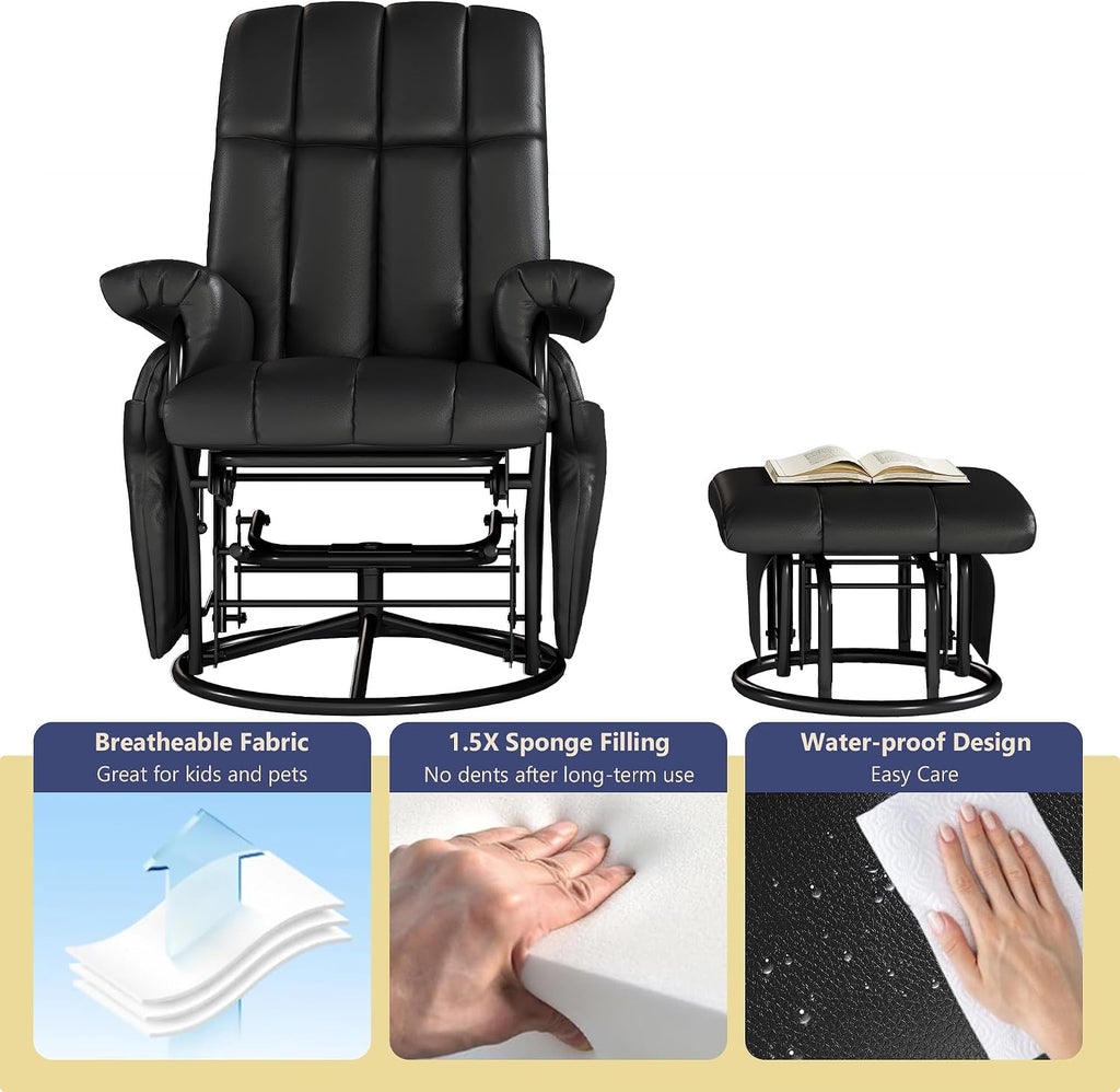 AODAILIHB 360° Swivel Glider Recliner with Ottoman, Nursing Glider Rocking Chair with Foot Rest & 2 Side Pockets for Nursery, Living Room, Bedroom, Office, Black