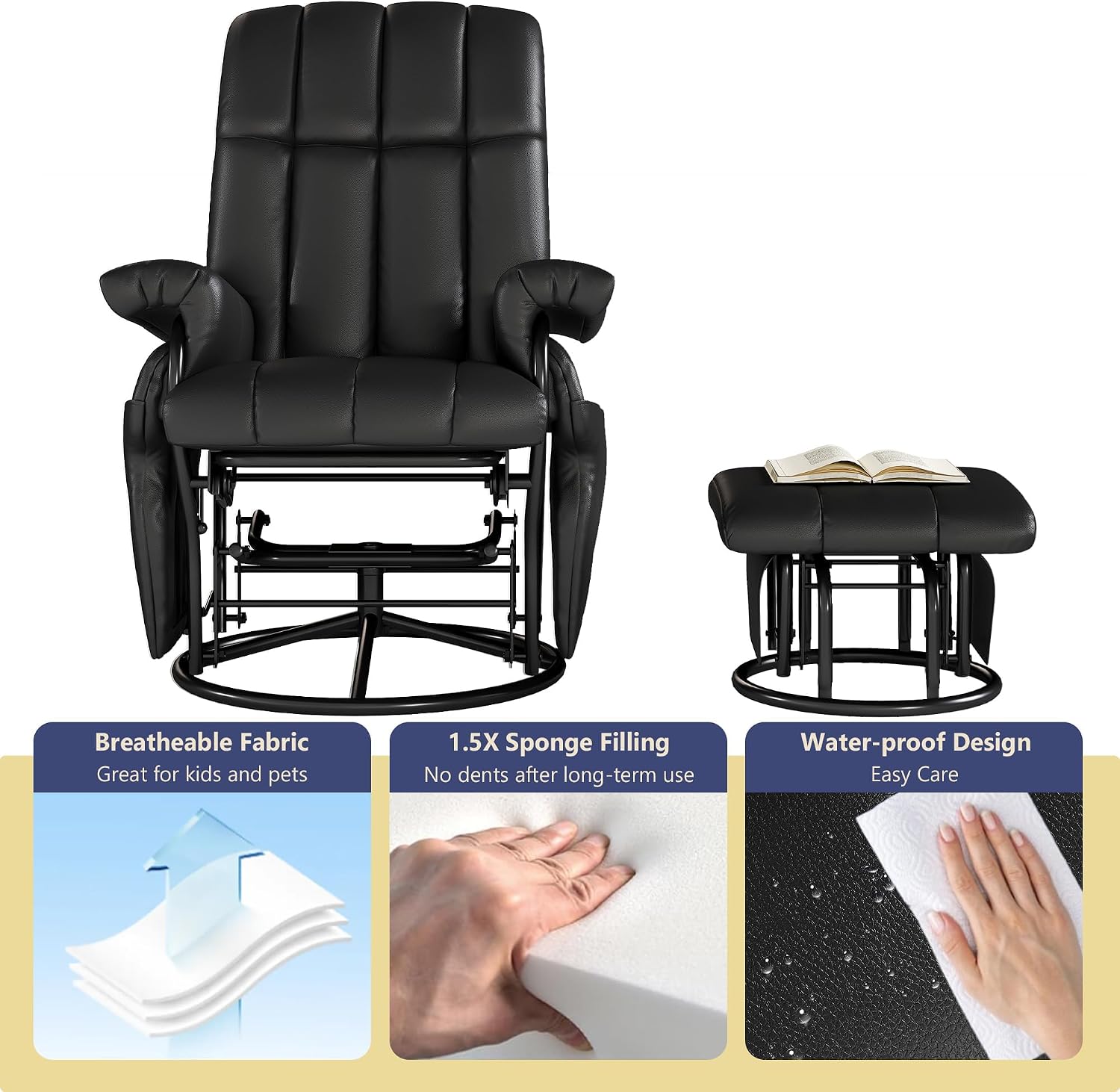 AODAILIHB 360° Swivel Glider Recliner with Ottoman, Nursing Glider Rocking Chair with Foot Rest & 2 Side Pockets for Nursery, Living Room, Bedroom, Office, Black