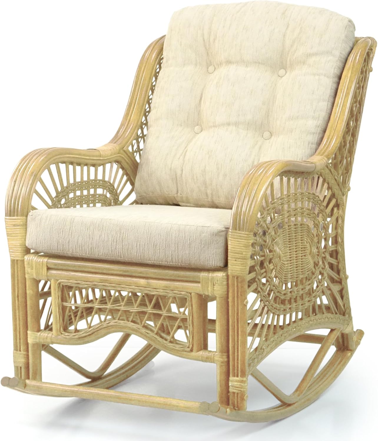 Malibu Rocking Handmade Lounge Chair ECO Natural Wicker Rattan Natural Color with Cream Cushion, Indoor ONLY