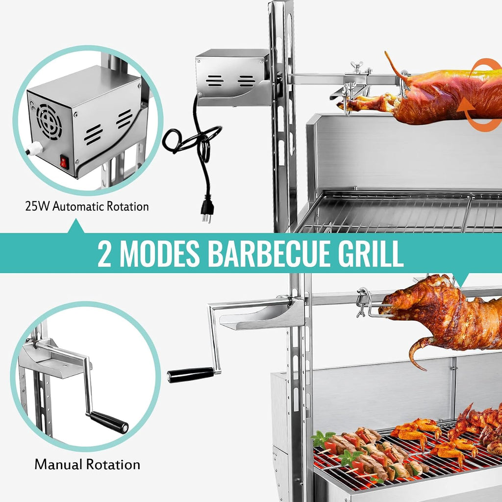 Stainless Steel Rotisserie Grill with Wind Deflector, 25W Motor Small Pig Whole Lamb Rotisserie Roaster, 80kg BBQ Charcoal Rotisserie Roaster Grill for Camping Outdoor Kitchen