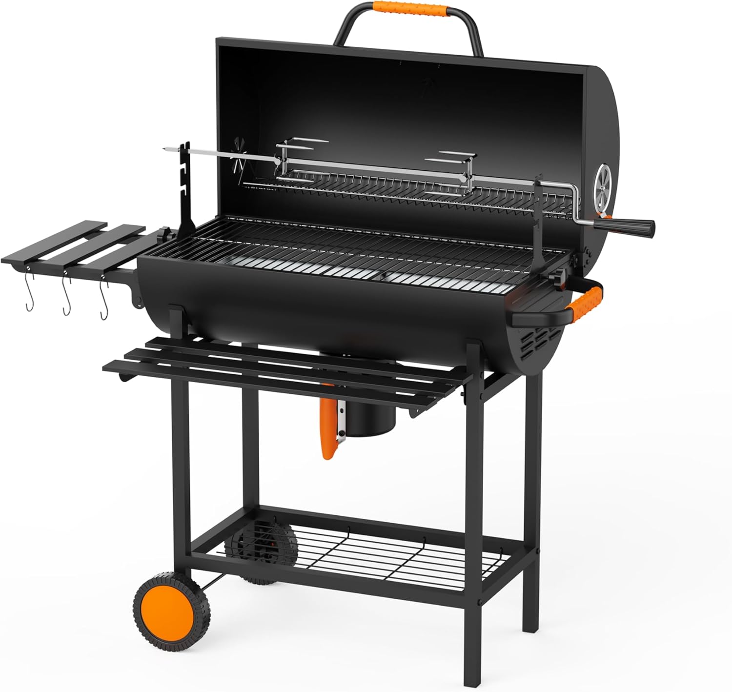 KEYO GRILL 29-Inch Barrel Charcoal Grill, Heavy duty BBQ Grill with Manual Rotisserie Meat Fork, Detachable Windproof Ash Collector Barbecue Smoker Grill Combo for Backyard, Patio and Parties