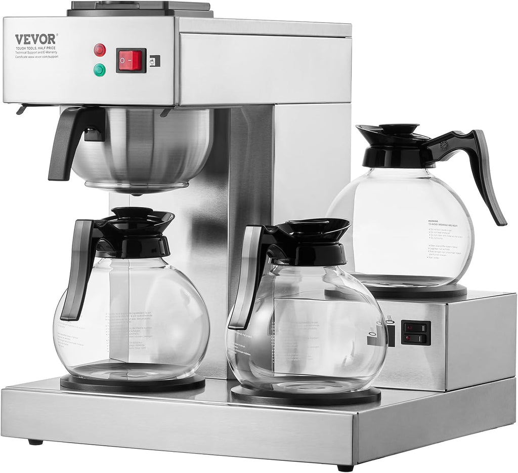 VEVOR 12 Cups Commercial Drip Coffee Maker, Coffee Maker Machine with 3 Glass Carafes and 3 Warmer Plates, Stainless Steel Pour Over Coffee Brewer for Restaurant, Office, Cafe