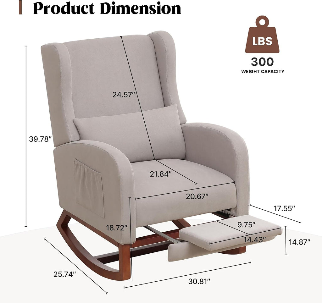 HCHAIRH Rocking Chair Nursery, Nursery Rocking Chairs with Foot Rest, Comfy Glider Rocker Nursing Chair with Back Pillow for Nursing, Living Room, Bedroom, Light Grey