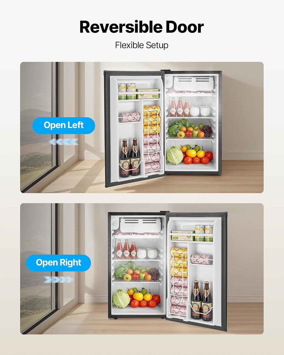 VEVOR 3.2 Cu.Ft Mini Fridge with Freezer, Single Door Compact Refrigerator with Micron Frozen Zone, 7-Mode Adjustable Temp, Energy Efficient Small Dorm Fridge, Reversible Door, Low Noise, Black