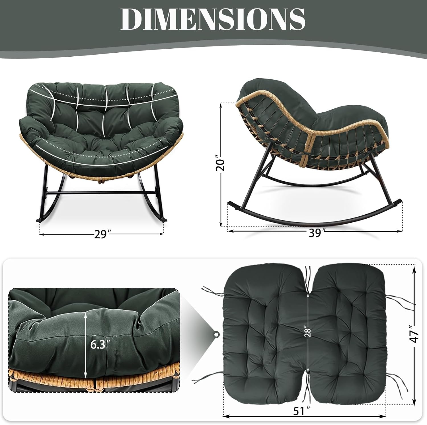 Outdoor Rocking Chair Cushions Replacement, 6''Thick Waterproof & Fade Resistant Papasan Chair Cushion with 6 Straps,Tufted Egg Chair Cushion for Indoor & Outdoor (Dark Gray)