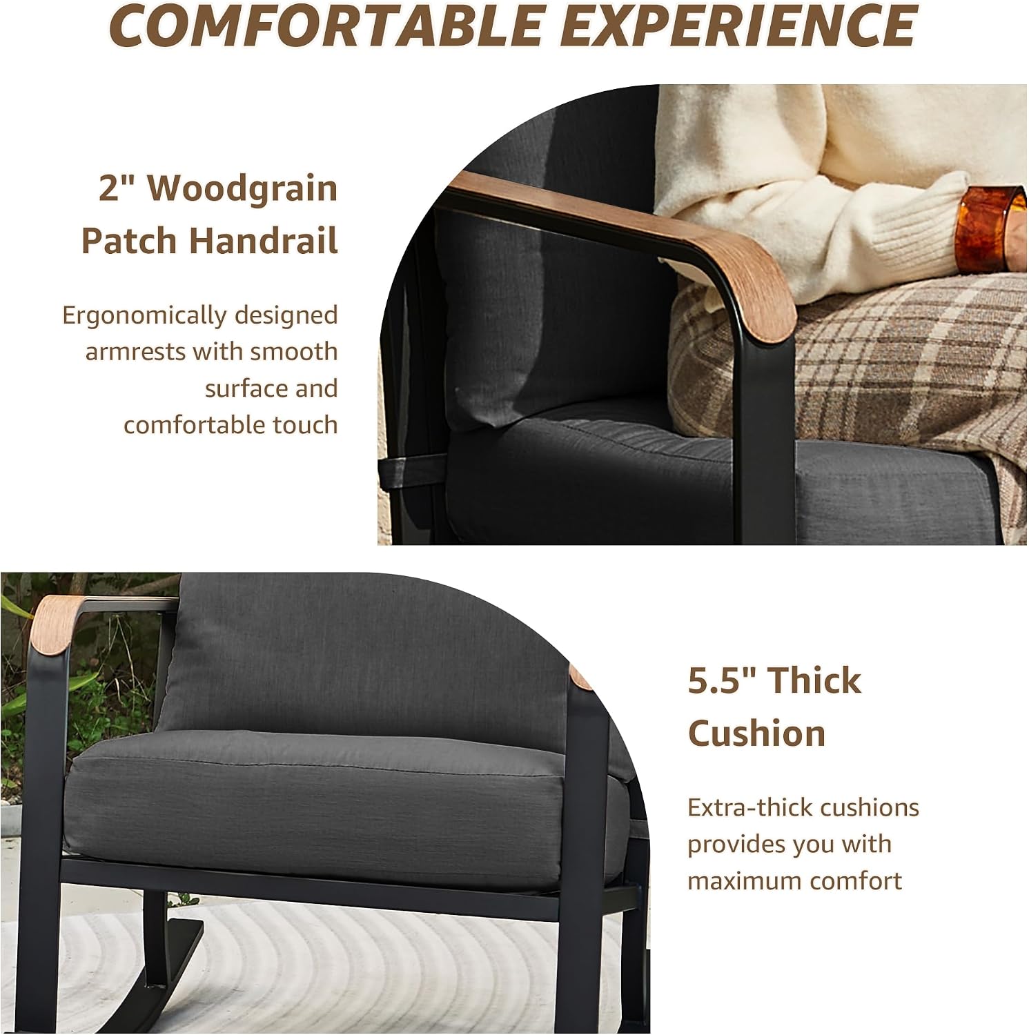 NATURAL EXPRESSIONS 3 Piece Patio Bistro Rocking Set, Outdoor Rocking Chairs with 350 lb Capacity, Thick 5.5' Olefin Cushions and Metal Coffee Table for Balcony, Porch, Backyard