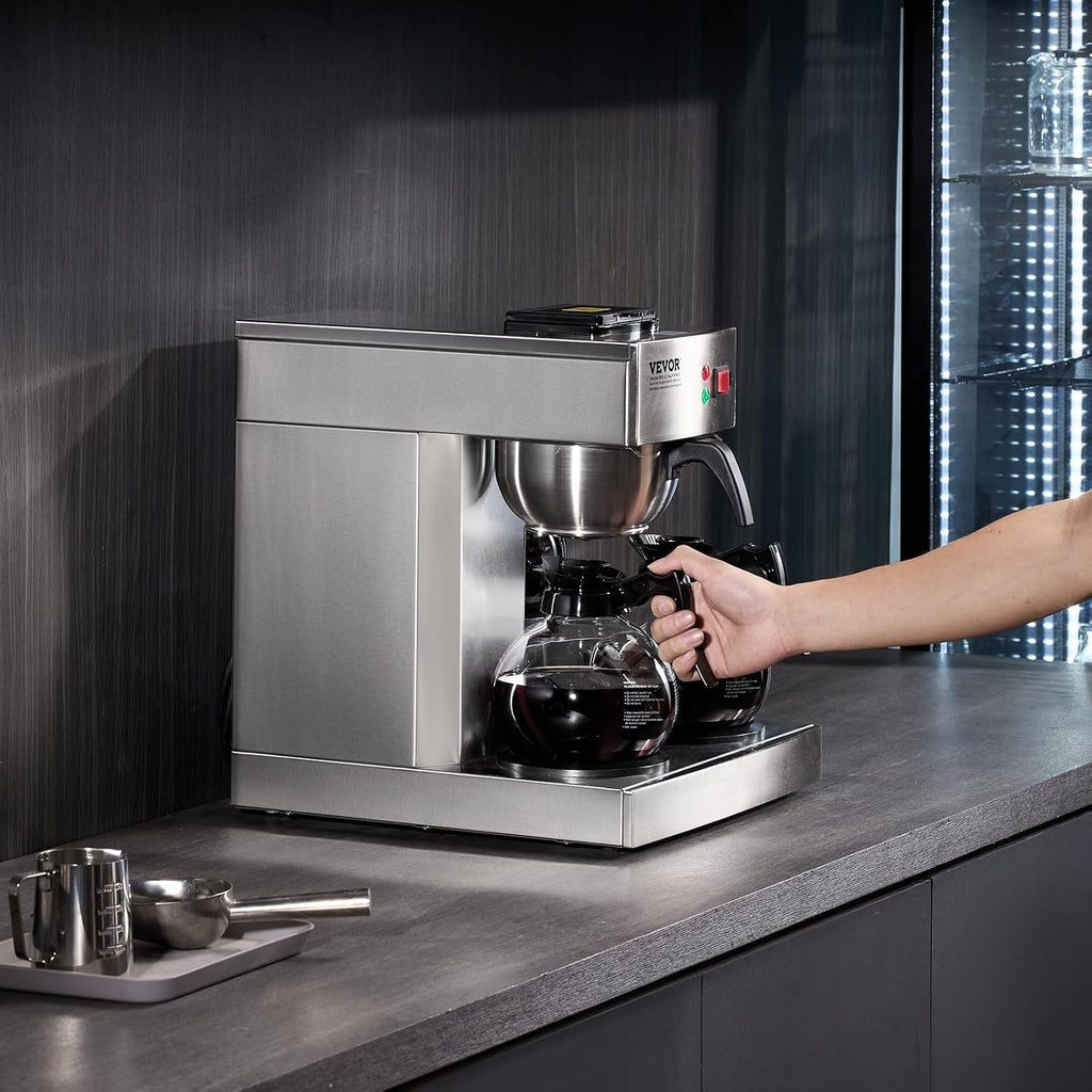 VEVOR 12 Cups Commercial Drip Coffee Maker, Coffee Maker Machine with 3 Glass Carafes and 3 Warmer Plates, Stainless Steel Pour Over Coffee Brewer for Restaurant, Office, Cafe