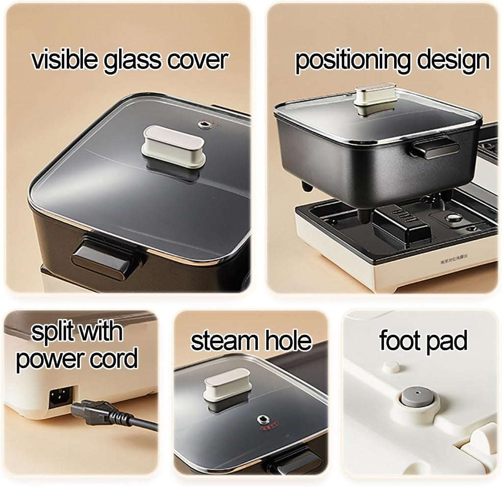 Electric Grill Hotpot Pot, 2100 W Foldable Storage Non-Stick Barbecue Shabu Hot Pot, Smokeless Shabu BBQ Grill, Double Knob Zone Temperature Control