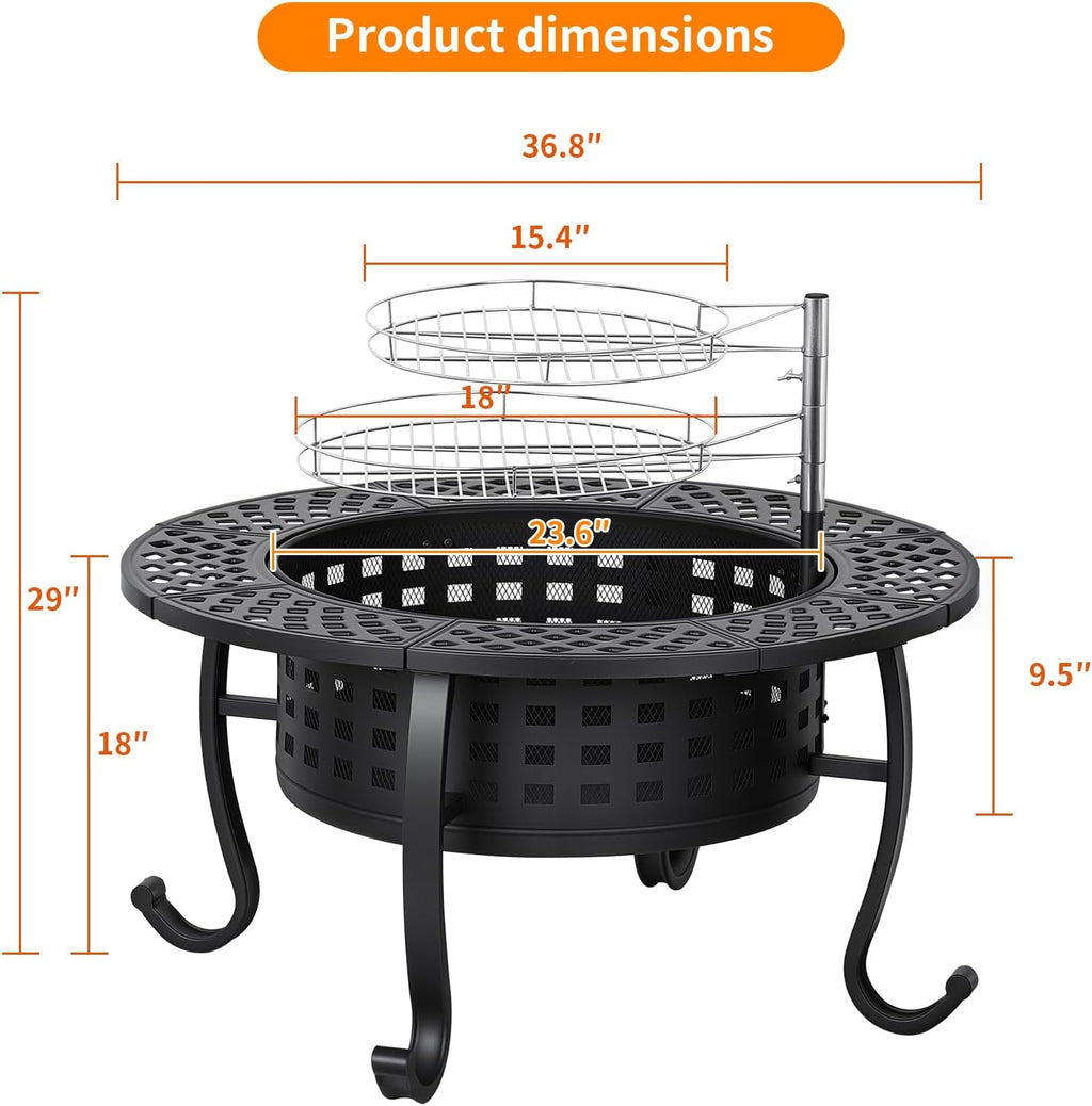 36 Inch Fire Pit with 2 Adjustable Grills, Wood Burning Outdoor Fire Pits with Lid, 3-in-1 BBQ & Fire Table for Backyard, Patio, Camping & Parties