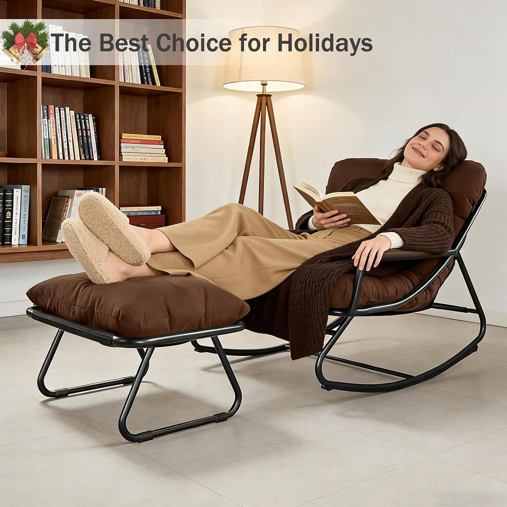 Oversized Papasan Rocker, Comfy Patio Rocking Chair, Outdoor Rocker Chair, Indoor Rocking Egg Chair with Cushion & Ottoman for Bedroom, Living Room, Front Porch (Brown)