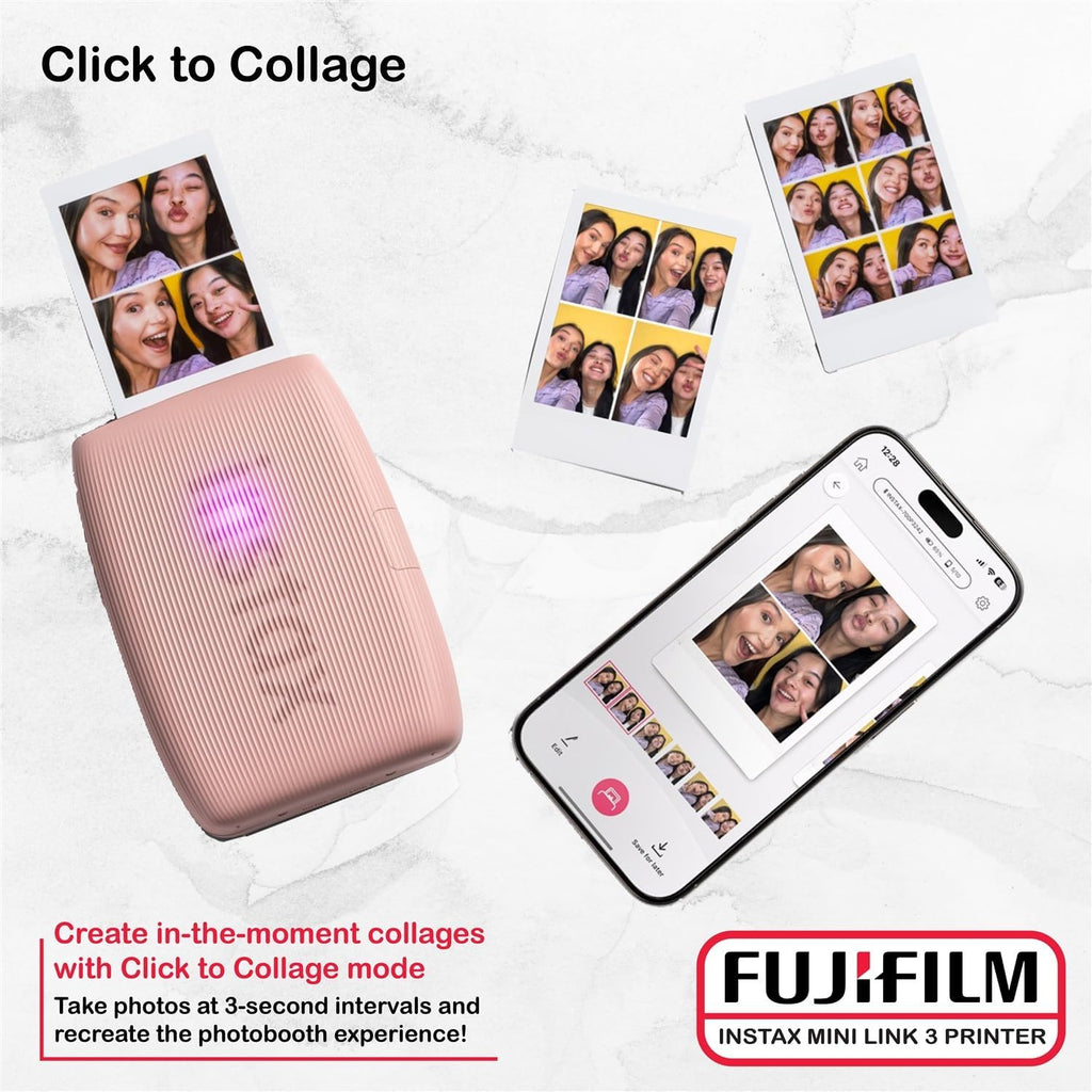 FUJIFILM INSTAX Mini Link 3 Smartphone Printer Bundle with Fujifilm Instax Mini Film (20 Sheets), Hanging Photo Frames, Table top Photo Frame for Mini Film (Rose Pink)
