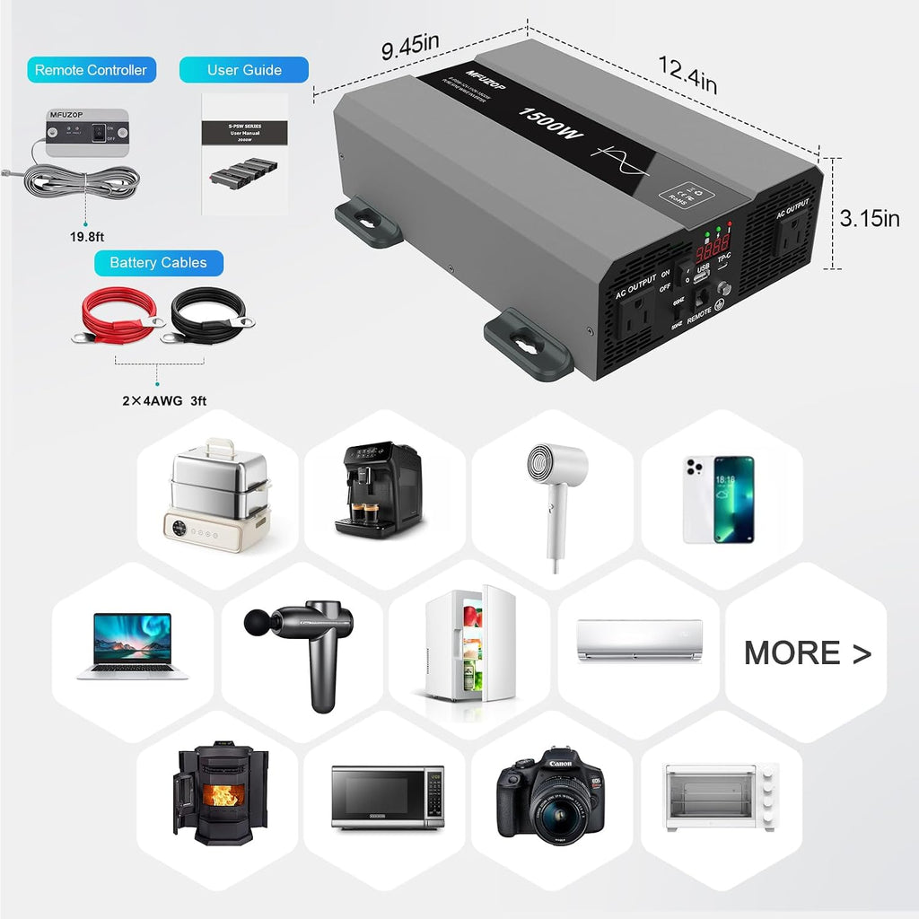 Pure Sine Wave Inverter 1500W Power 12V DC to 110V 120V AC Converter 3000W Peak Power Inverter with Dual AC Outlets USB Port Type-C Remote Control LCD Display for Truck RV Vehicles Solar
